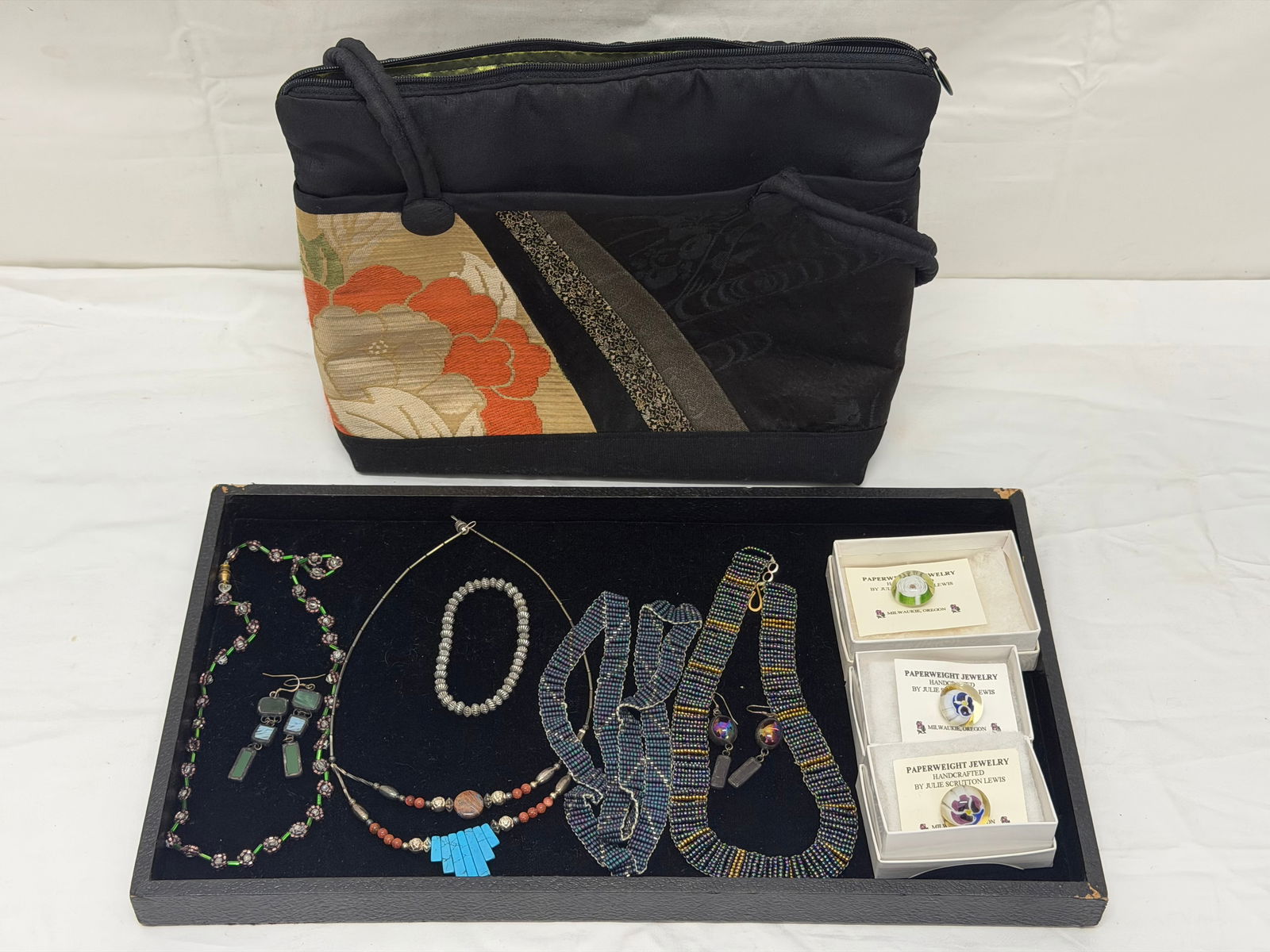 Asst Jewelry + Wako Purse: (3)Art Glass Paperweight Pins, Earrings, Beaded Necklaces , Bracelet
