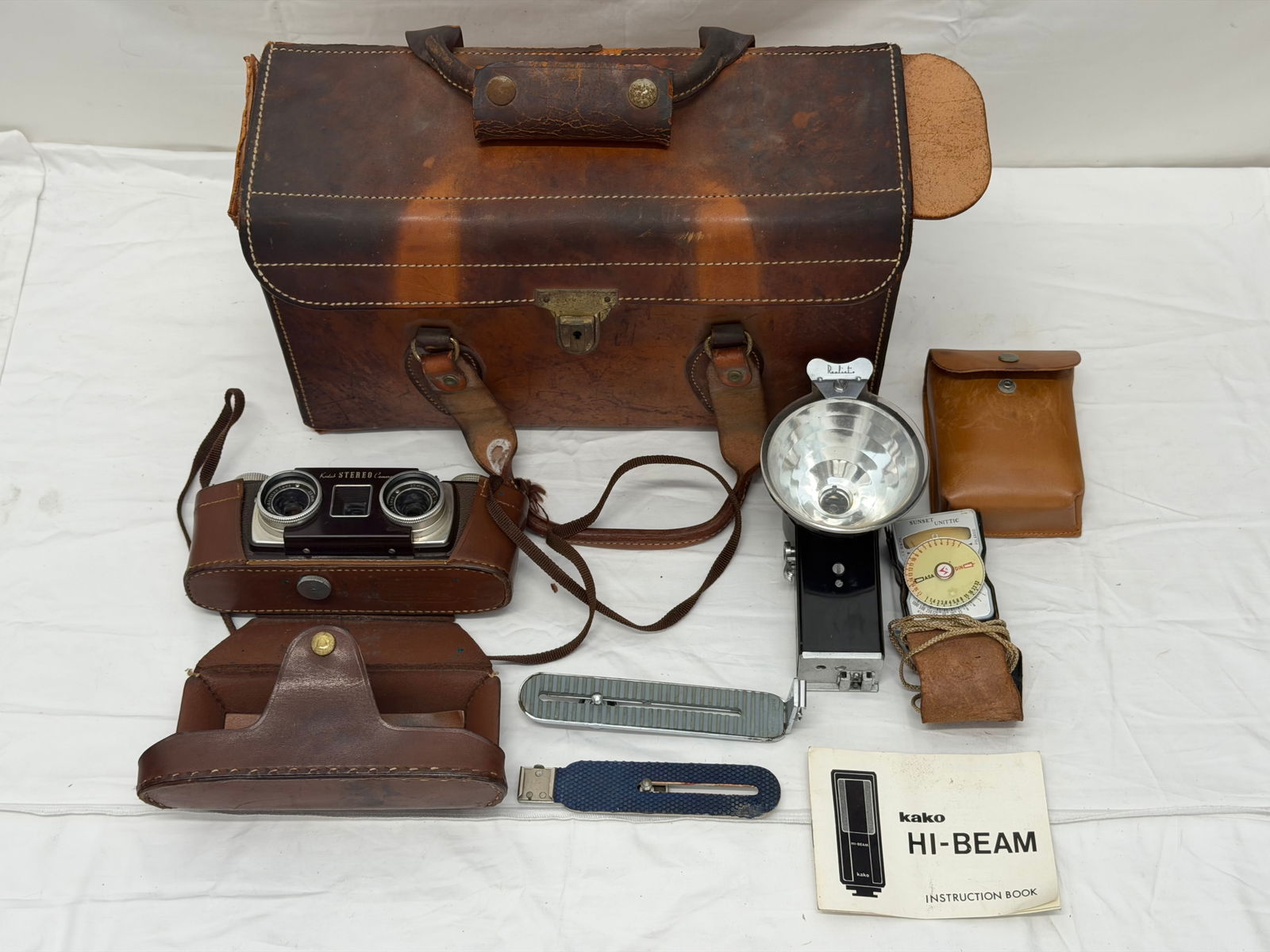 Vintage Kodak Stereo Camera, Perrin Camera, Accessories Case + More: Camera with Leather Case, Realist Flash, Sunset Unittic Exposure Meter 31 with Manual & Case, Perrin No.211 Accessories & Camera Case with Compartments, Removable Snap Pouches, Realist Flash