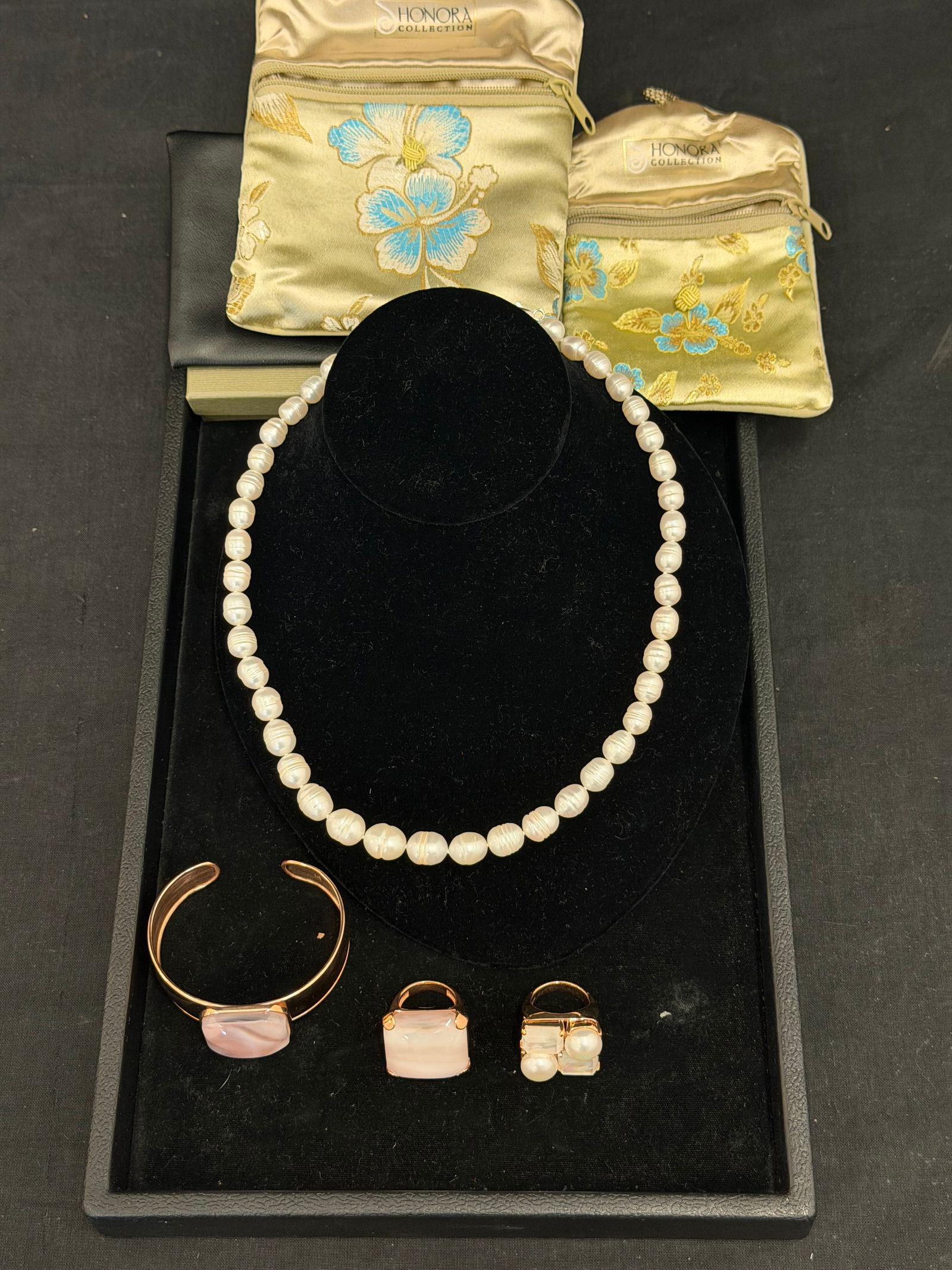 Honora Pearl Necklace, Italy Bronze Rings & Bracelet: Turquoise Ring Sz 9 , Sterling Dangle Earrings Turquoise , Onyx , Coral