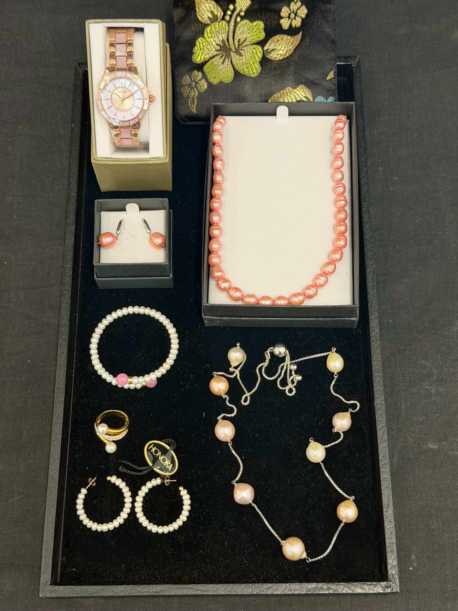 Honora Pearl Necklaces, Watch, Bracelets, Ring, Earrings: M.O.P. Pink Watch with Box (Needs Battery), Pink Pearl Necklace & Earrings, Hoop Earrings, Bracelet , Ring Sz 7