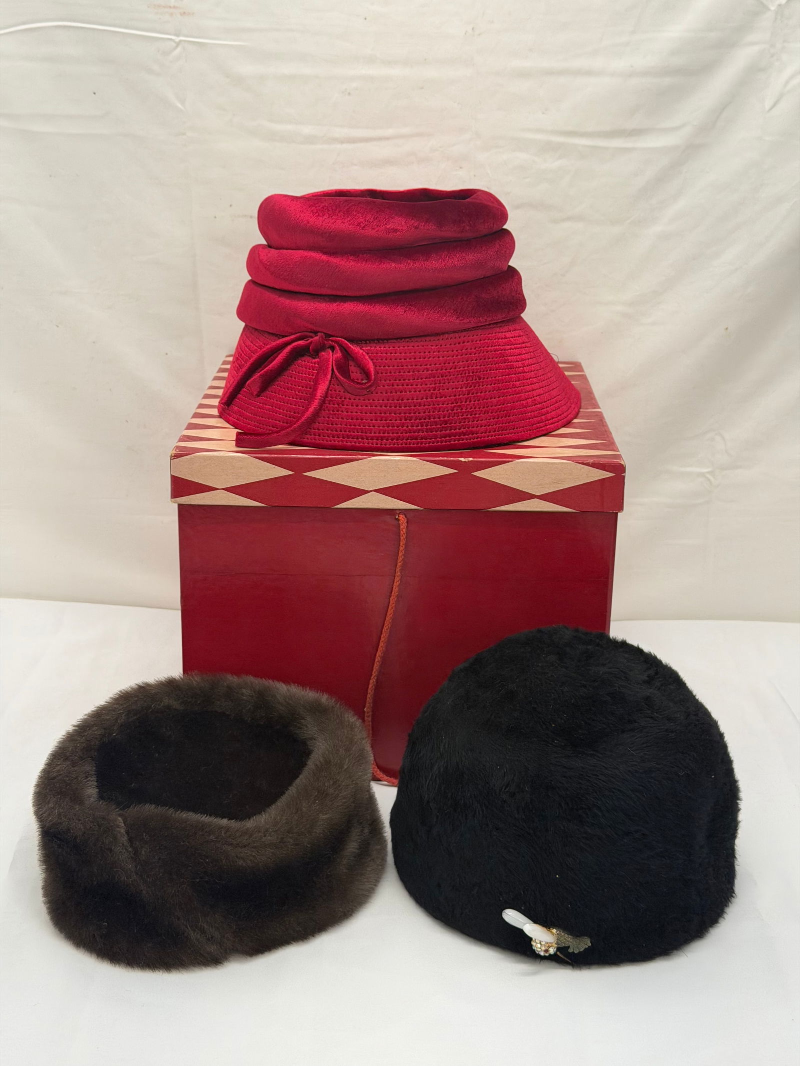 (3)Vintage Faux Fur & Velvet Hats - Joseph Magnin, I. Magnin: Red Velvet Joseph Magnin with Box, Black I.Magnin with Hummingbird Pin, Brown Faux No Label