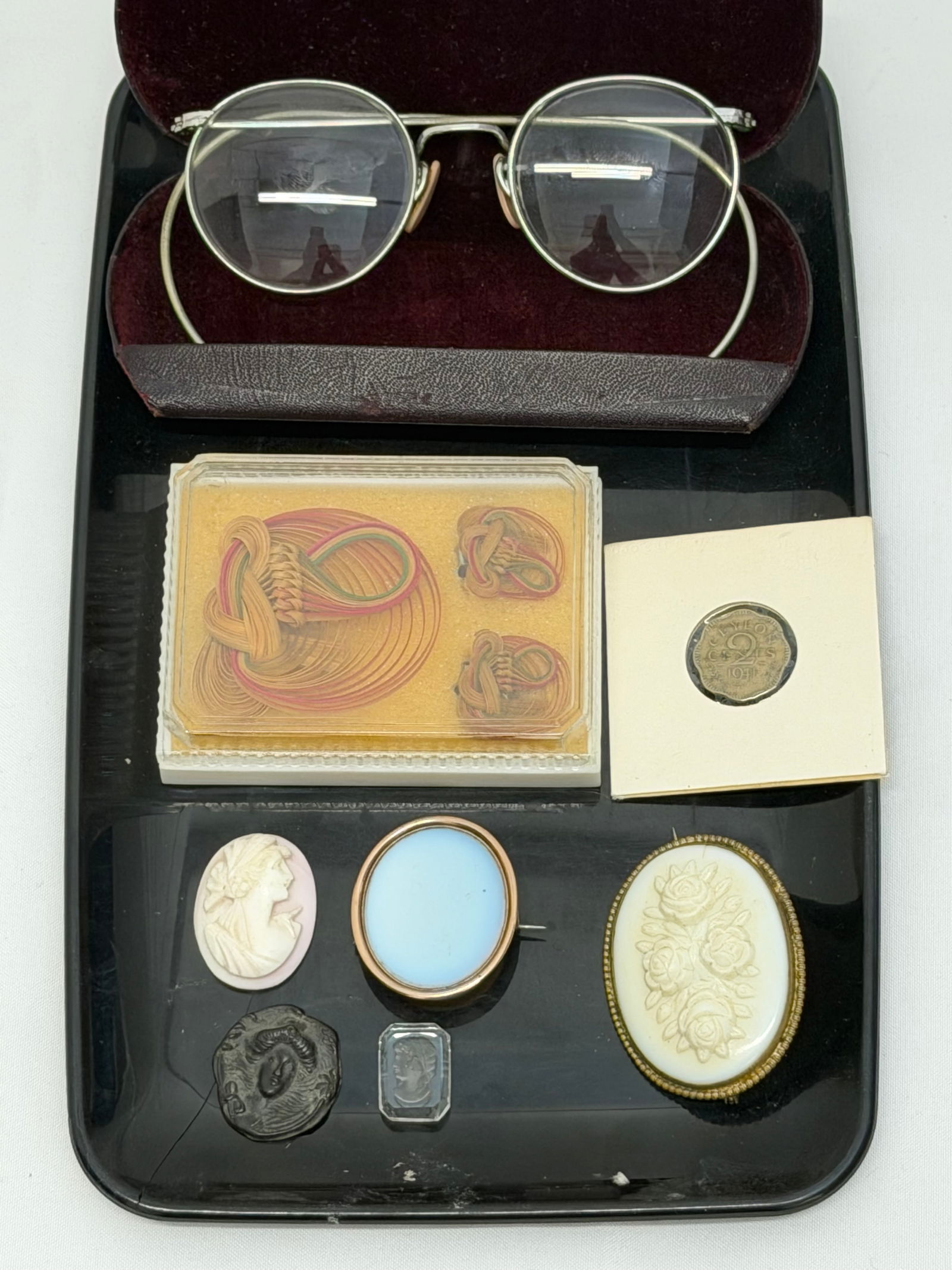 Antique 14K Gold Framed Pin, Cameos, Spec Eye Glasses + More: Antique Metal Cameo, 1930-40s Ful Vue Eyeglasses, 1944 Ceylon 2c Coin, 14K Gold Framed Pin, Bamboo Jewelry