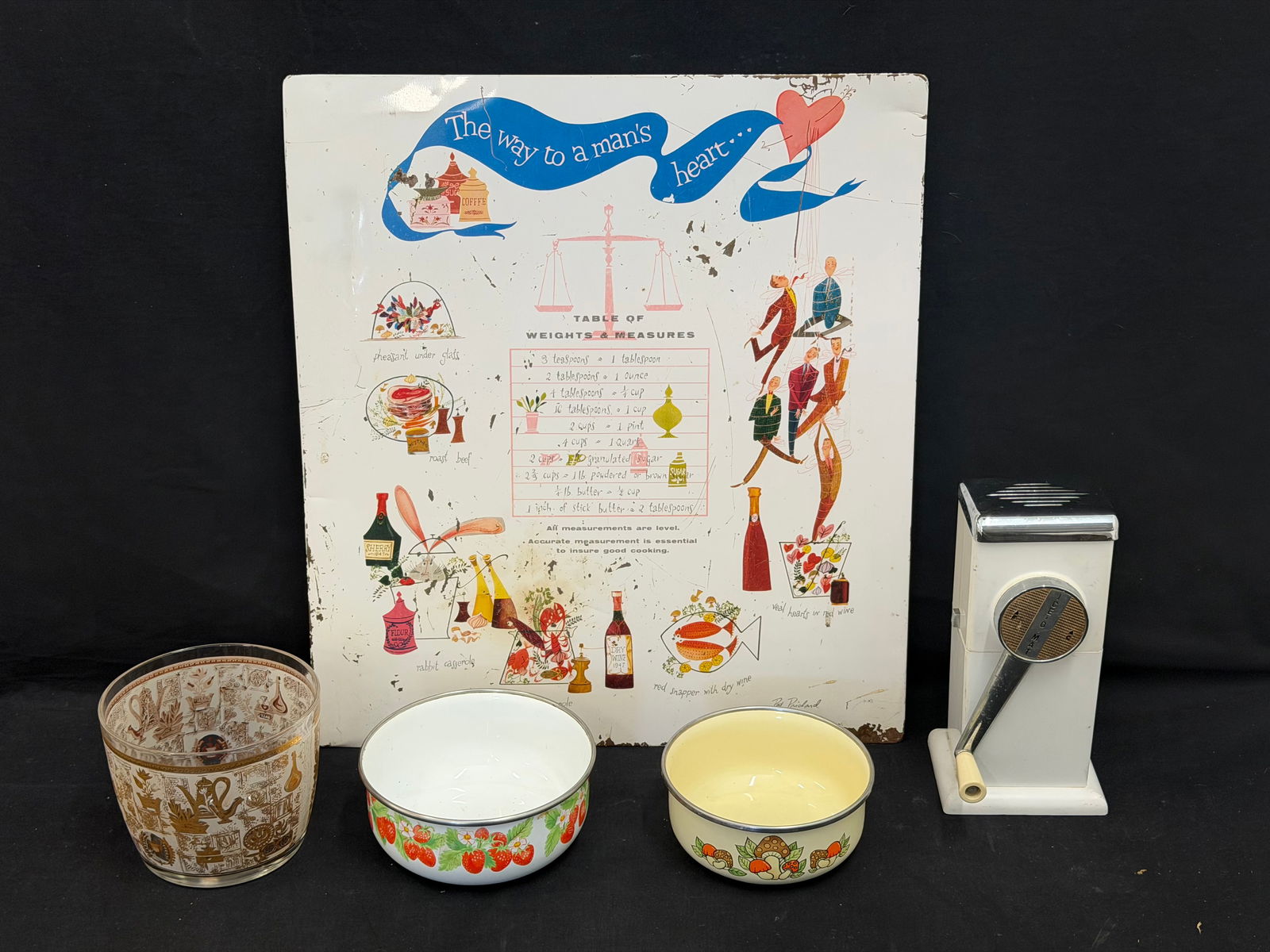 Mid Century 1970s Kitchen Items, Enamel, Sign, Ice Crusher: Merry Mushroom & Strawberry Enamel Bowls, MCM Ice Bucket, Ice Crusher, Kitchen Sign