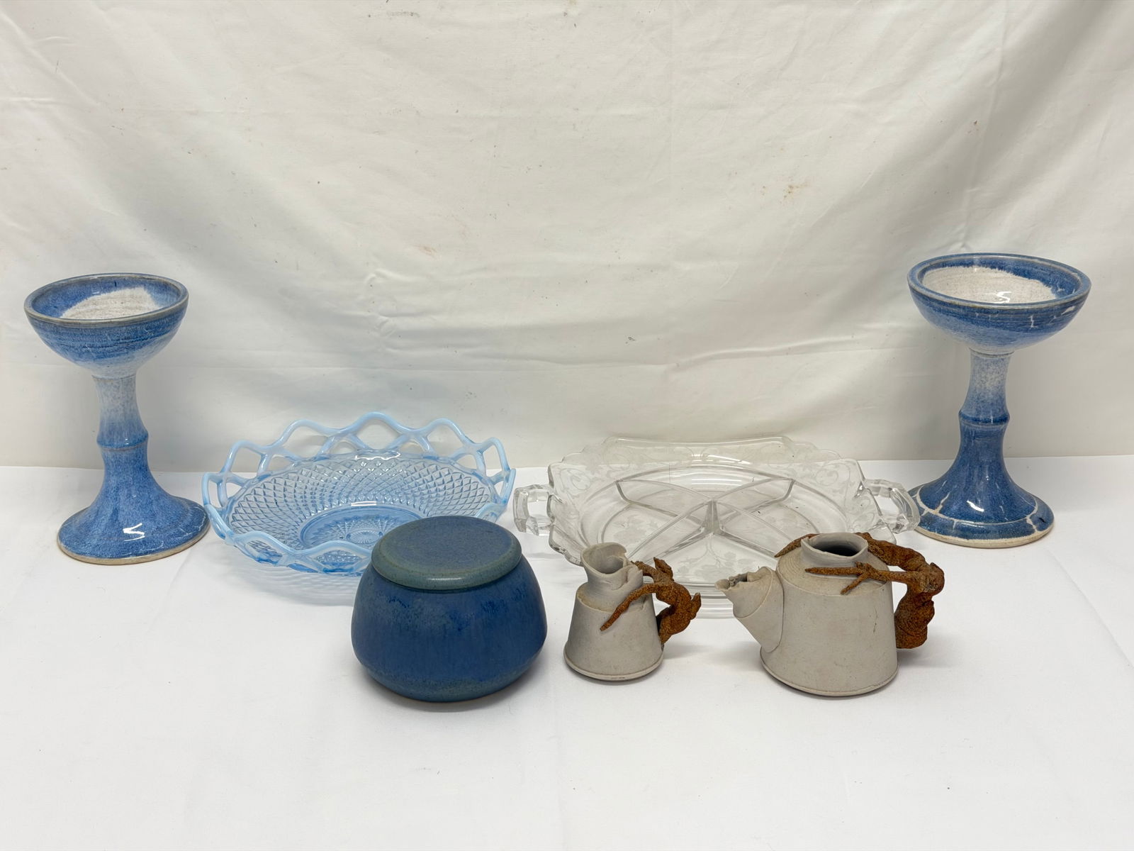 Asst Blue Imperial Glass, Pottery Stemware, Signed Pottery + More: Divider Glass Dish with Handles, Blue Lace Top Imperial Glass 8", Pottery Trinket Box + More