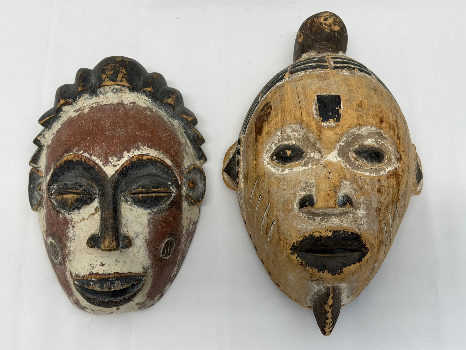 (2)Hand Carved Painted African Tribal Masks - 12"L & 15"L: (2)Hand Carved Painted African Tribal Masks - 12"L & 15"L