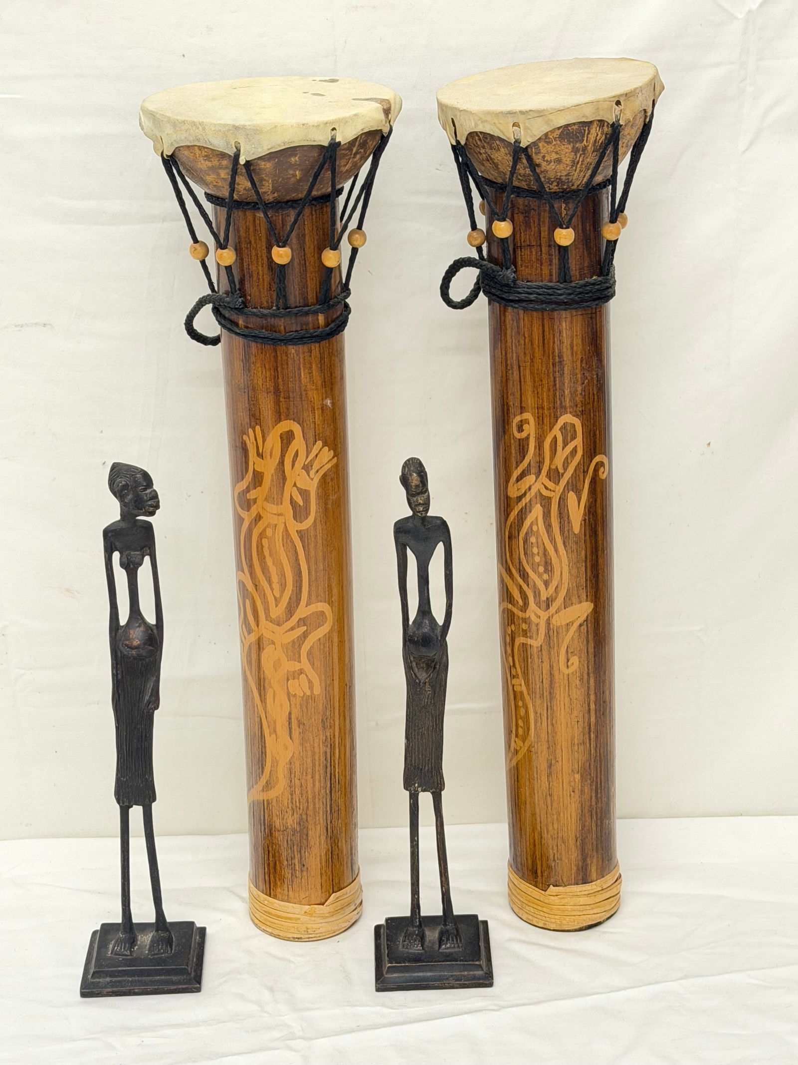 (2)Handheld Djembe Drums & African Figures: Narrow Drums with Lizard Design 4.5" Drum Head x 19"T , Vintage Metal Figures 12"T
