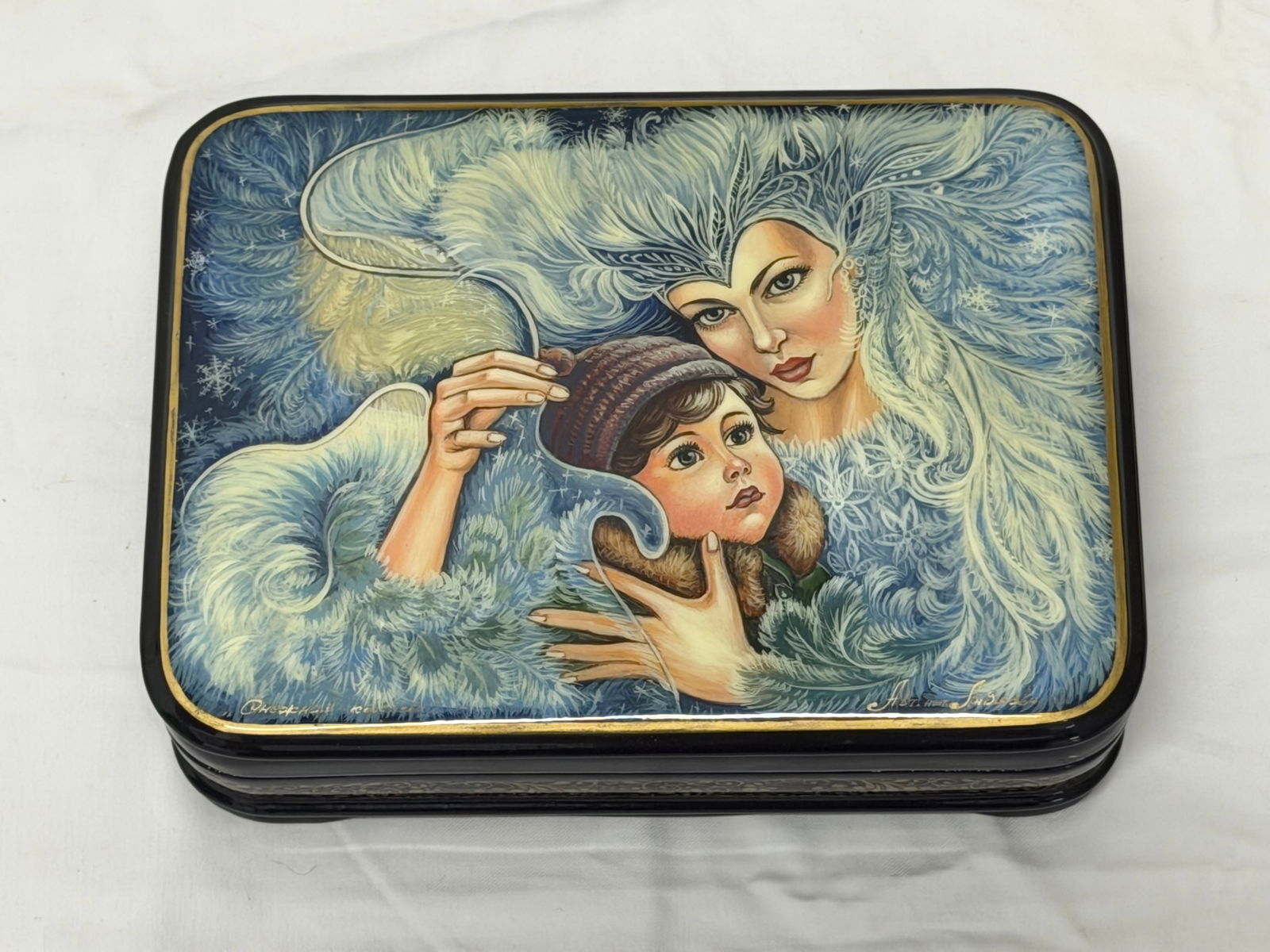 Fedoskino "The Snow Queen" Handpainted Russian Lacquer Box, Signed, 6" x 4.5" x 2": Box with Mother of Pearl Inlay 6" x 4.5" x 2" - by Artist L.Lidyayera Signed on Bottom