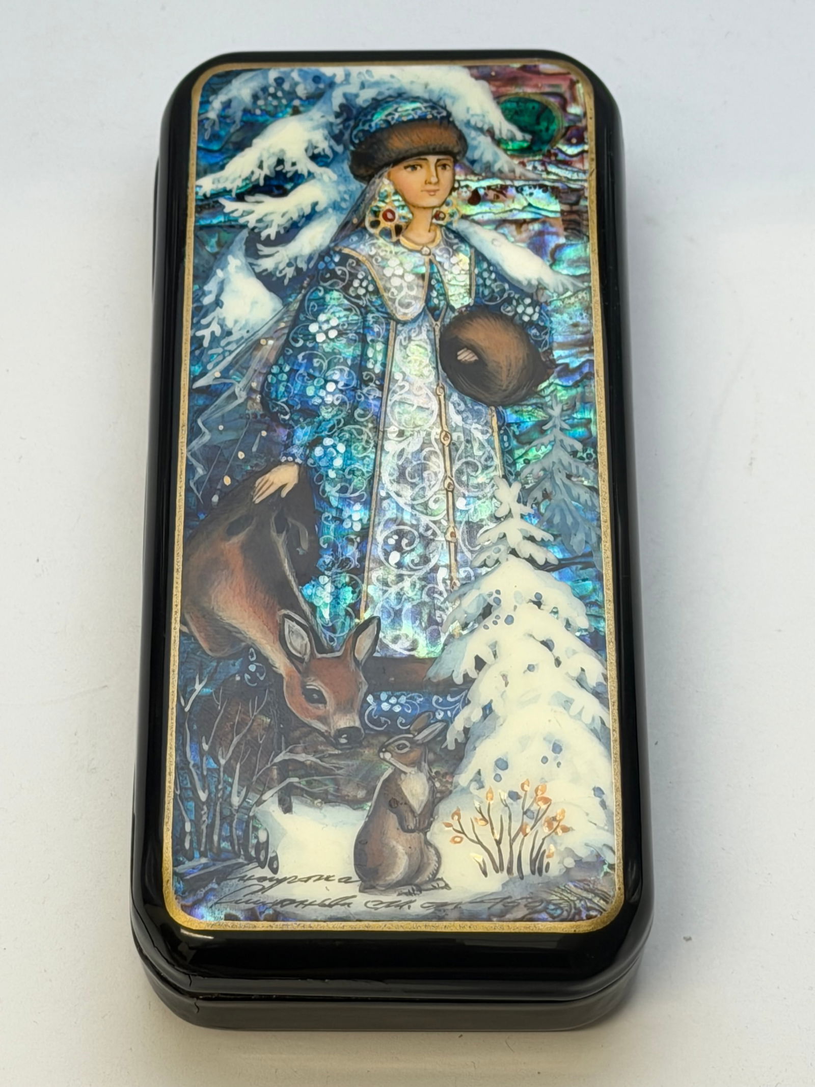 Fedoskino Russian Snow Maiden Handpainted Lacquered Box, Signed, 2.5" x 5.5" x 1": Signed on Bottom 'Antonova' , Selofoske Village