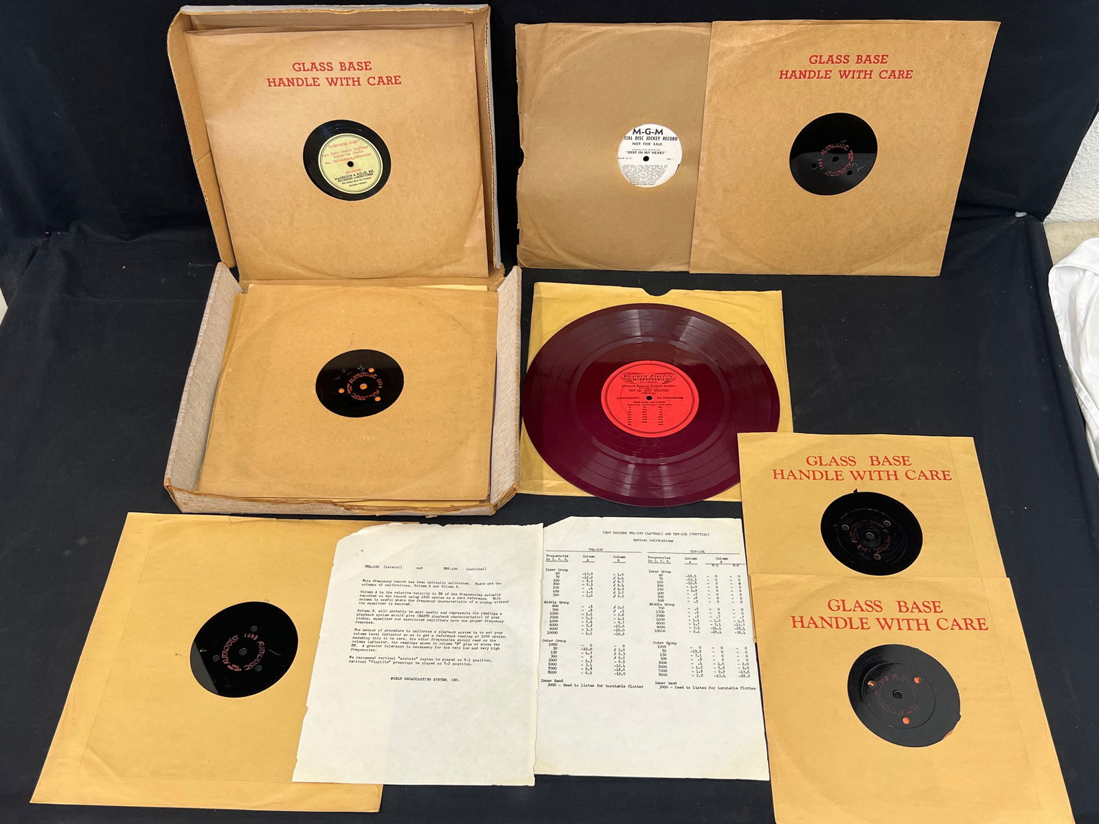Vtg Transcription 16'' & 10'' Glass Radio Records: Vtg Transcription 16'' & 10'' Glass Radio Records - (12)Records Red- Western Electric Test Record, MGM Special Disc Jockey Record, Audio Discs