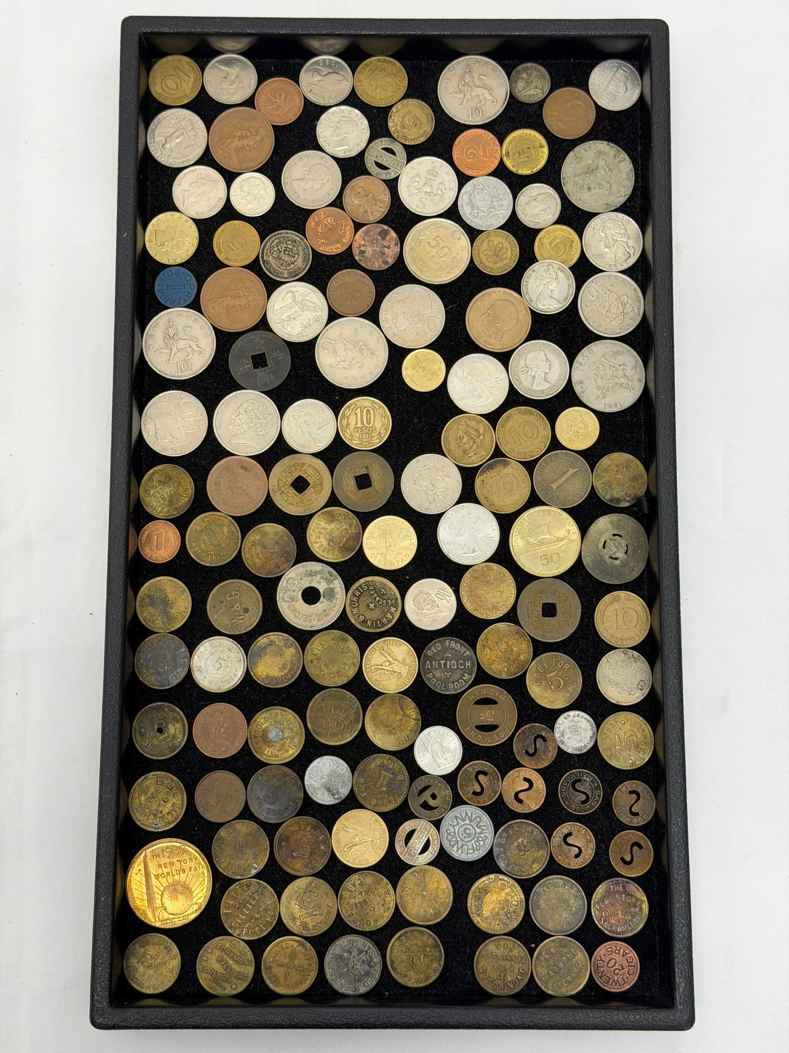 Lot Asst Coins, Tokens, Trade Coins - Railroad, Transit, American + More: Lot Asst Coins, Tokens, Trade Coins - Railroad, Transit, American + More - San Jose Railroad, Martin & Morris Pescadero Transit, Asian, Mexican, American & More (See Photos)