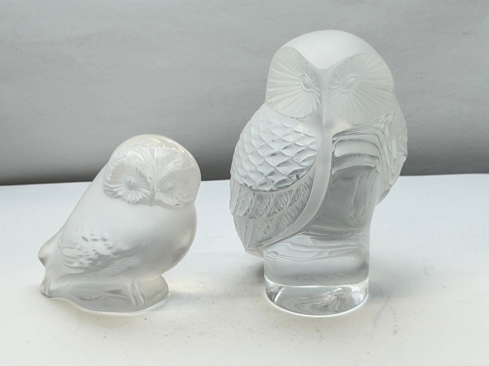 (2)Signed Lalique French Crystal Owl Figures - (1)3.5"T, (1)2.5"T (1 of 5)