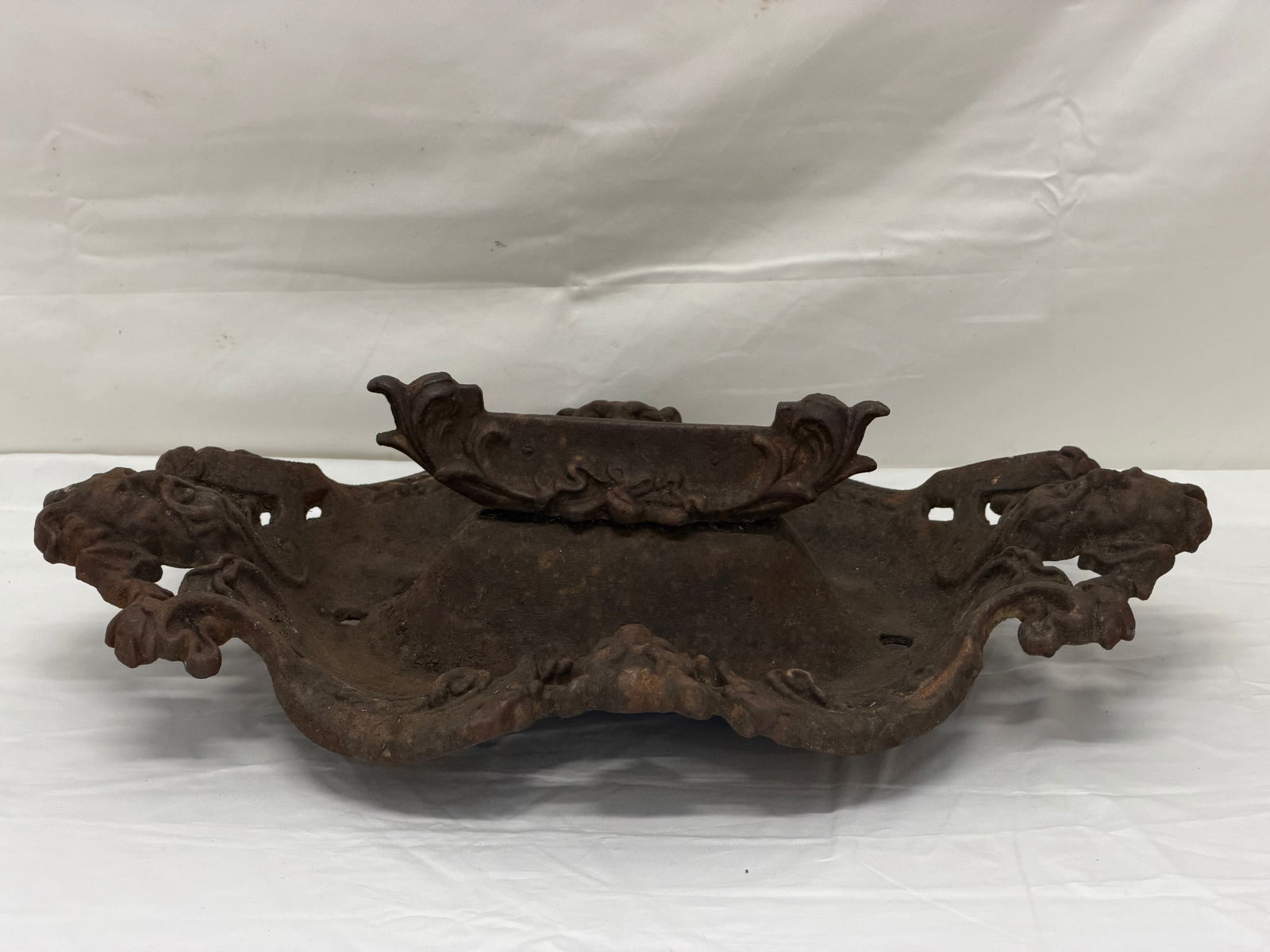 Antique Cast Iron Boot Scraper with Bacchus Face, Ornate Scroll work 10" x 11" x 6": Antique Cast Iron Boot Scraper with Bacchus Face, Ornate Scroll work 10" x 11" x 6"