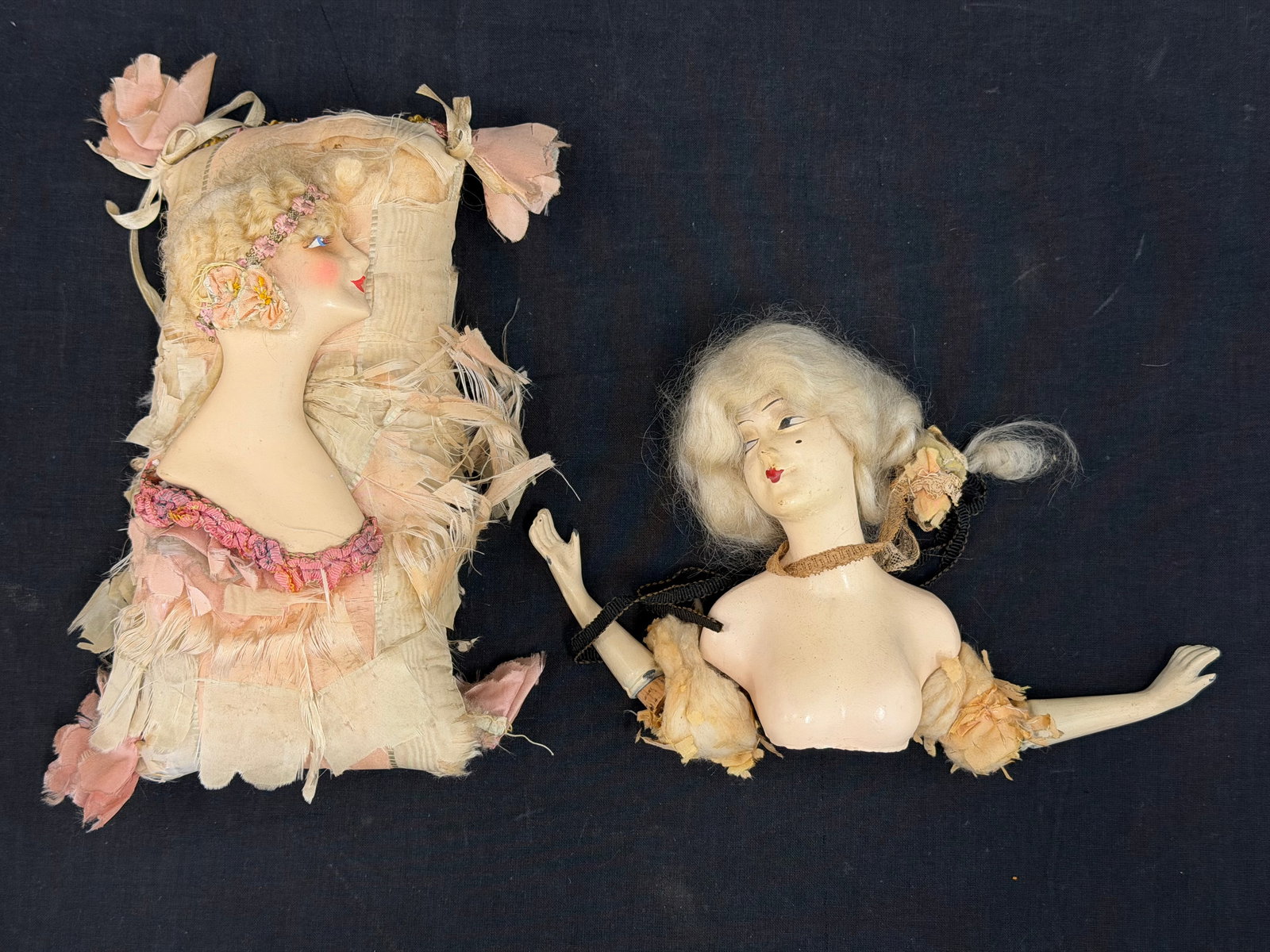 Antique Boudoir Half Dolls - (1)with Silk Pillow, (1)5.25"T Jointed Arms: Antique Boudoir Half Dolls - (1)with Silk Pillow, (1)5.25"T Jointed Arms