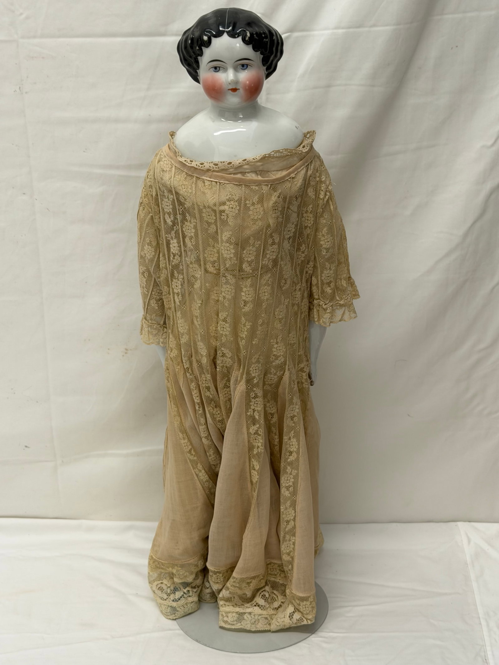 Antique Porcelain Doll with Lace Dress 22.5"T - Half Doll with Porcelain Arms, Legs, Head: Flat Half Dolls, Butterfly, Birds, Pr Handpainted Antique Buttons, Bathing Beauty (Inspect)