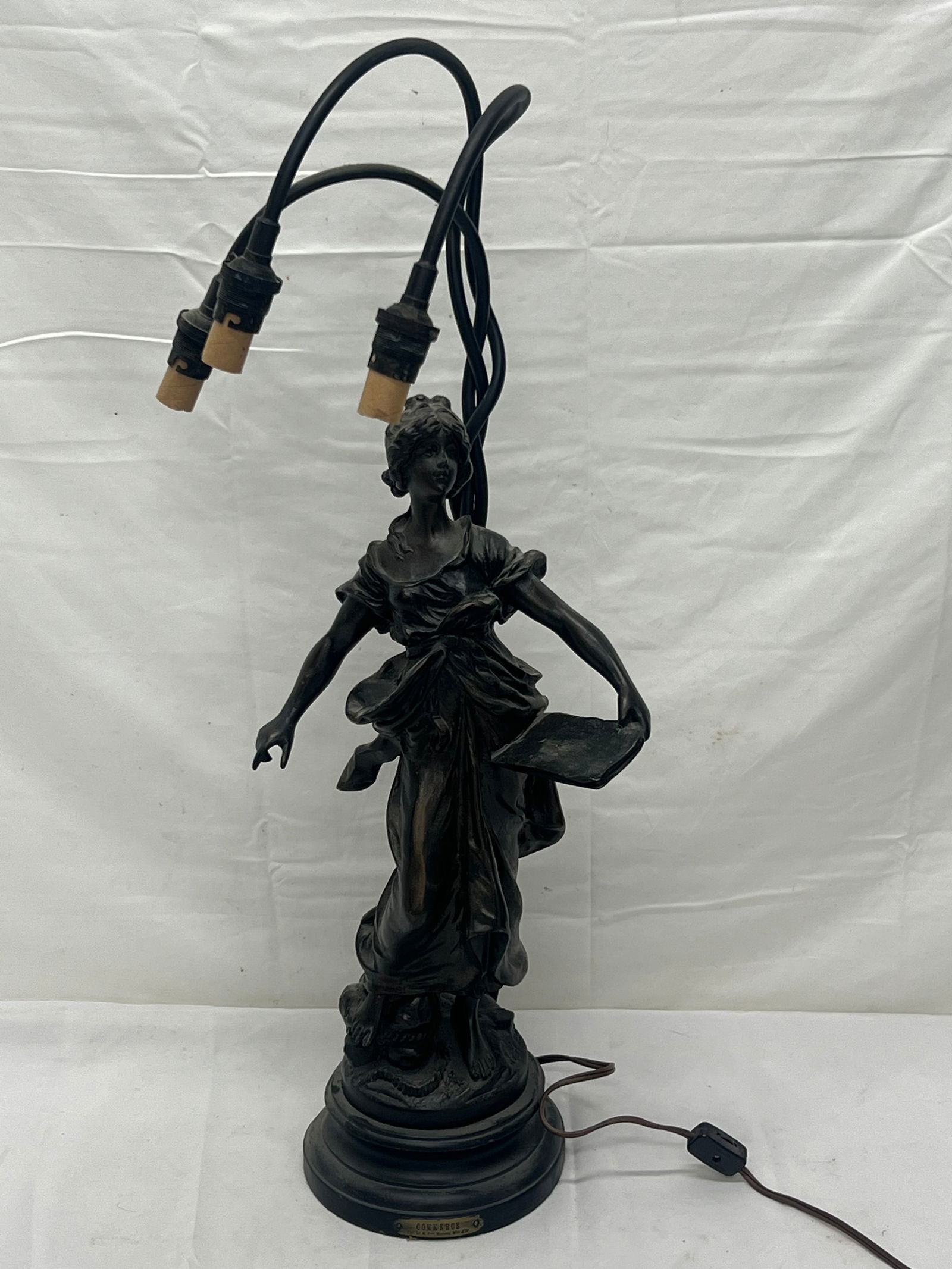 L+F Moreau Art Nouveau Figural Lamp 21''T - Signed on Base with Plaque on Front: L+F Moreau Art Nouveau Figural Lamp 21''T - Signed on Base with Plaque on Front ''Reading Commerce L+F is Moreau''