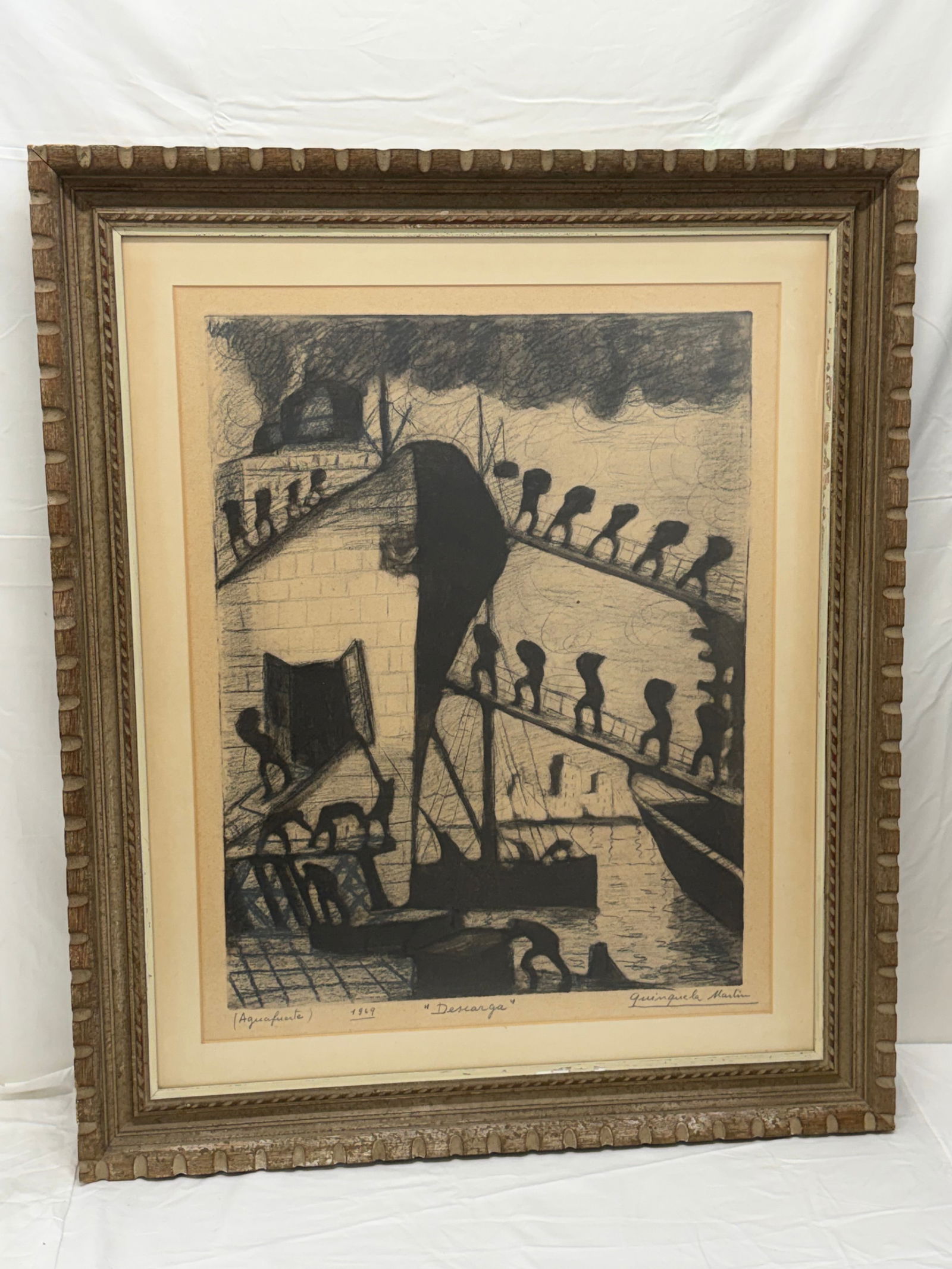 Benito Quinquela Martin (1890-1977) Signed Dated 1964 Etching "Descargo": Framed 30.5" x 36", Sight 21.5" x 27.5"