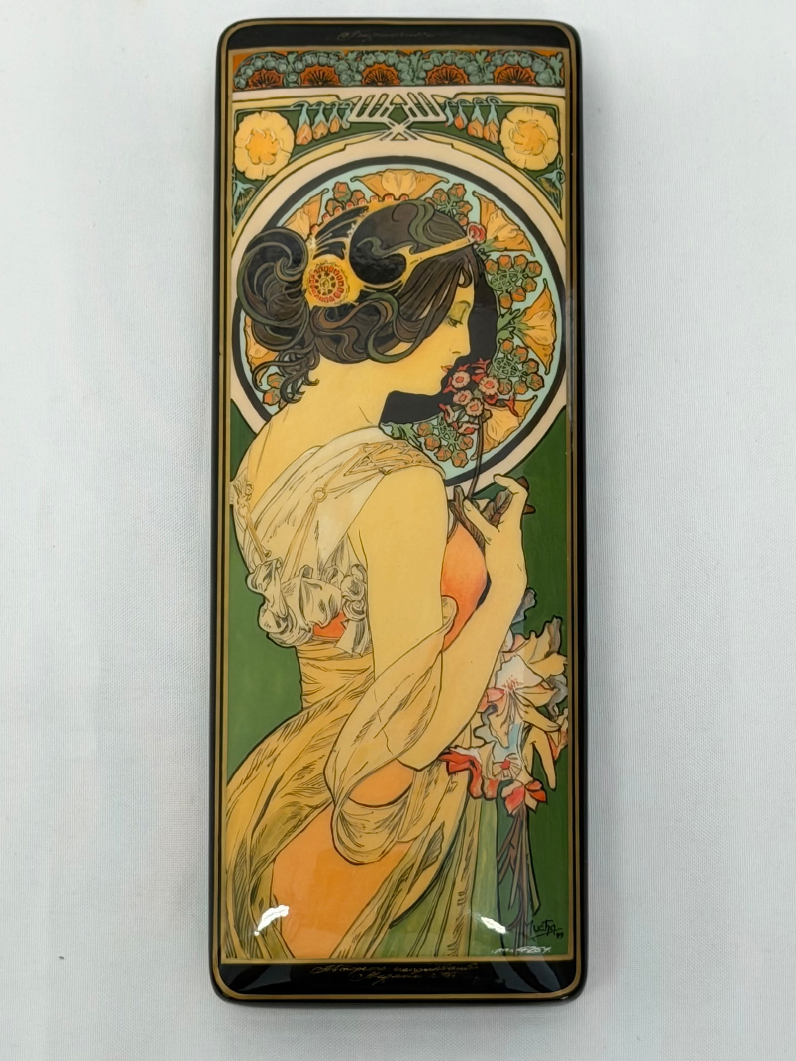 Russian Fedoskino School Handpainted Nouveau Style Lacquer Box: Alphonse Mucha Inspired, Signed on Bottom, 7.5" x 3" x 1"