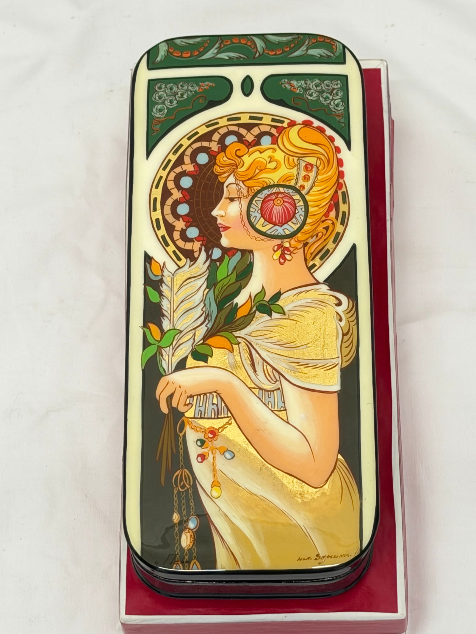 Fedoskino Russian Lacquer Box after Mucha - Design after Mucha's 1899 "La Plume": "La Plume" The Feather Art, Signed in Font - 3" x 7.25" x 1.25"