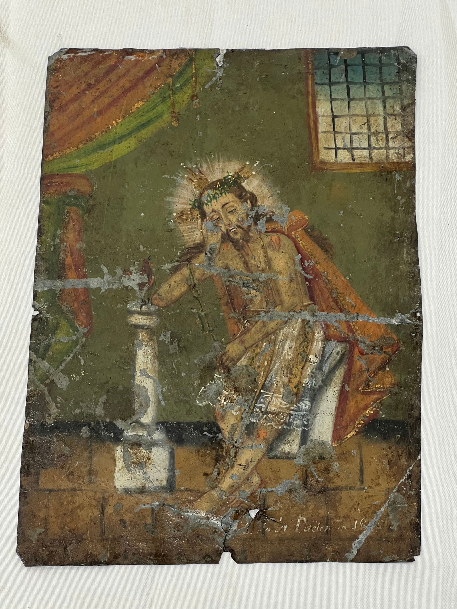 Antique 18th/19thC Mexican Handpainted Retablo on Tin 7.75'' x 10.75'': Antique 18th/19thC Mexican Handpainted Retablo on Tin 7.75'' x 10.75'' - Senor De La Columna - Lord of the Column