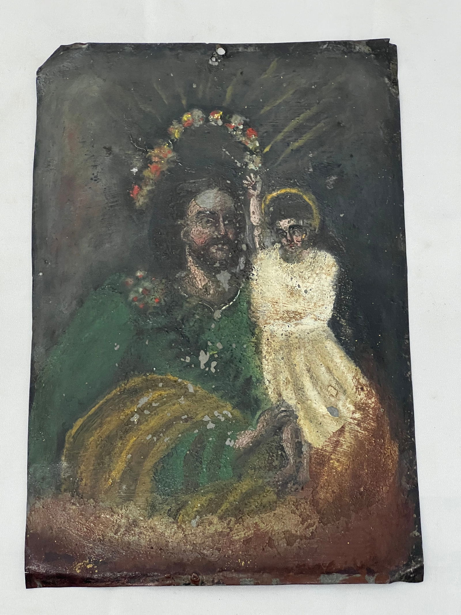 Antique Spanish/Mexican Handpainted Retablo on Tin 6.75'' x 10'' - Cuzco 1865 Era: Antique Spanish/Mexican Handpainted Retablo on Tin 6.75'' x 10'' - Cuzco 1865 Era , 'Saint Joseph Holding Jesus'