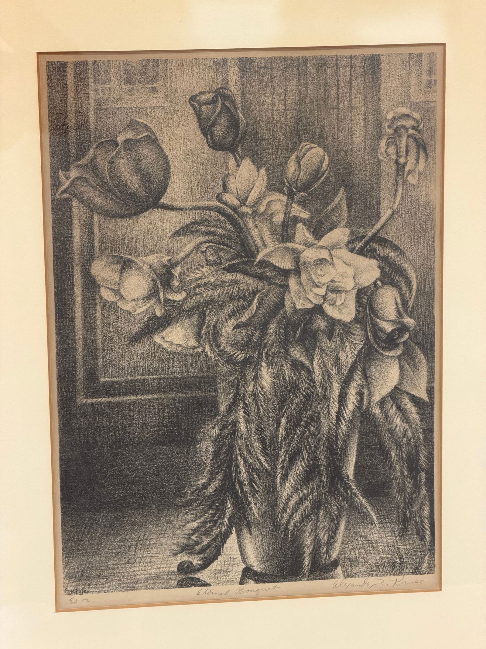 Alexander Kruse (1888-1992)Signed Lithograph "Eternal Bouquet": Pencil Signed Lower Right from Edition of 50 , Framed 16" x 25"