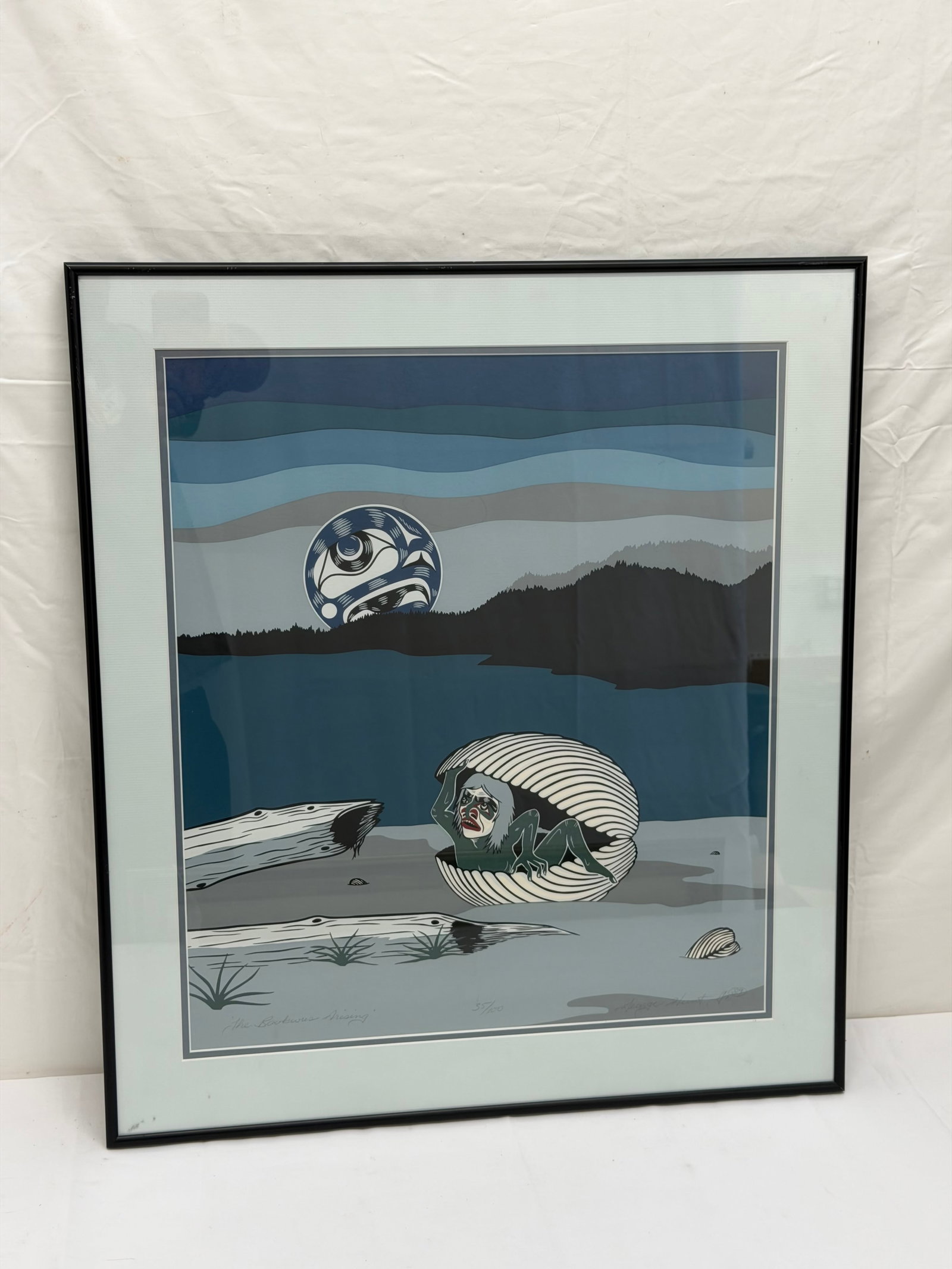 George Hunt Jr. North Coast Signed Limited Ed. Lithograph "The Bookwus Arising": Kwa-Guilth Artist George Hunt Jr. , Native Name NAS-u-NIZ means 'Light Beyond The World' - Signed Lower Right #d 35 / 100 , Titled "The Bookwus Arising" AKA Wild Man of the Woods - Framed 23.25" x 26.