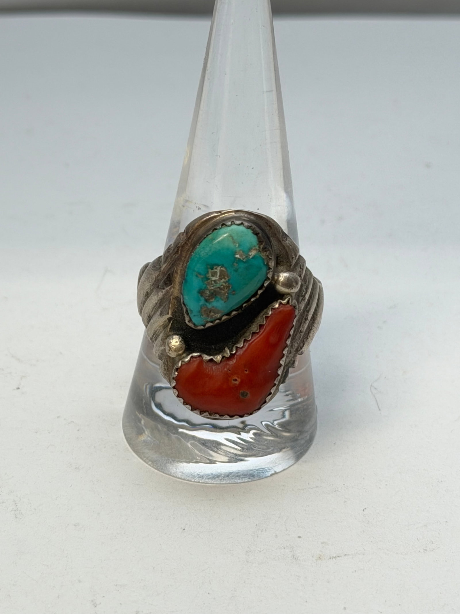 Vtg Ray Fierro Sterling Navajo Turquoise Coral Mens Ring, TW 12.21g , Signed: Vtg Ray Fierro Sterling Navajo Turquoise Coral Mens Ring, TW 12.21g , Signed