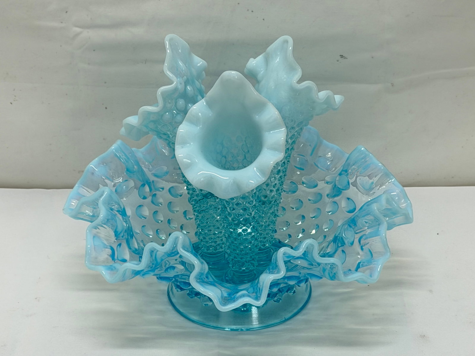 1950s Hobnail Fenton 3 Horn Opalescent Blue Epergne: Bowl 8.5" , Horns 6.375" , Overall 7.5"T