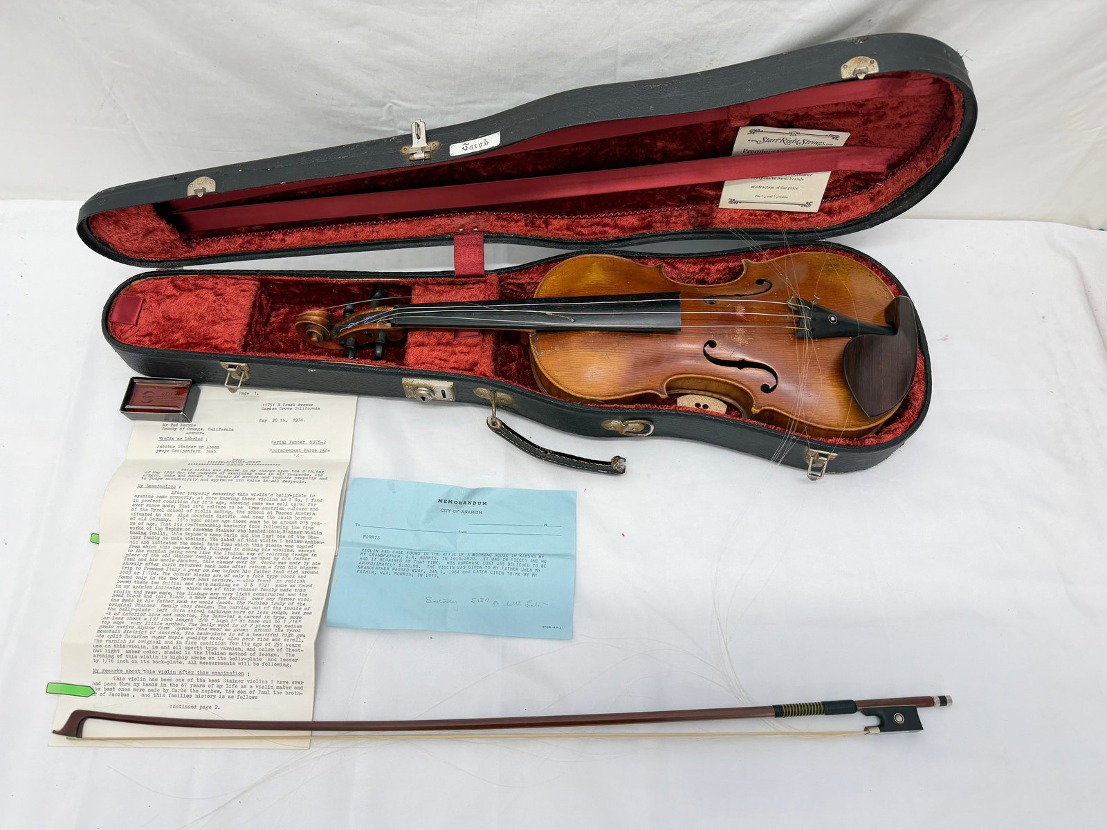 Antique Jacobus Stainer Absam Violin #5978-2 with Appraisal , Bow & Hardcase: Full Appraisal by Historian & Researcher Judge & Appraiser of Old Master Violins - Provenance from Family