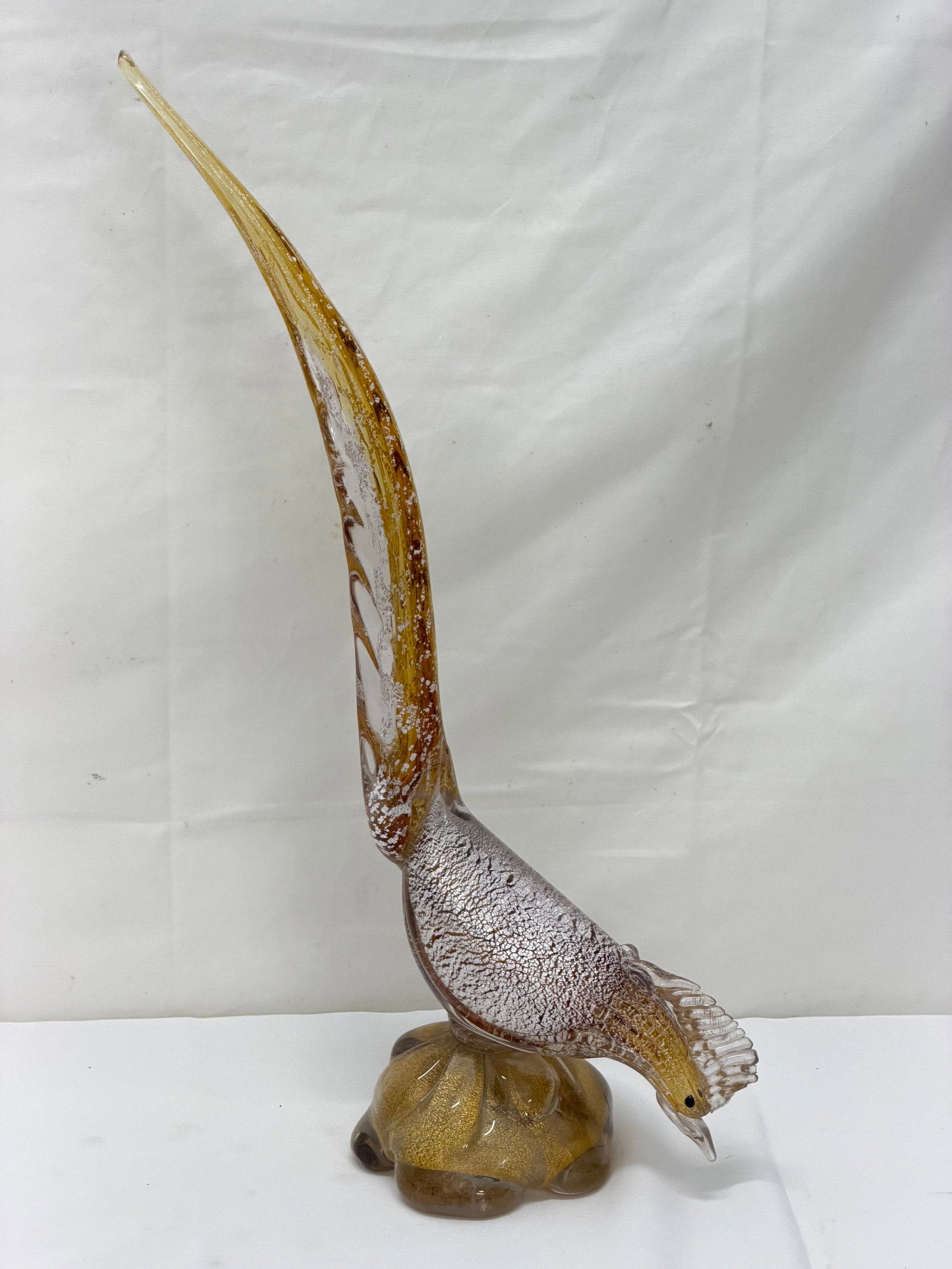 Vintage Murano Art Glass Pheasant 16"T: Amber Colored with Gold Fleck (See Photos, Cone Damage)