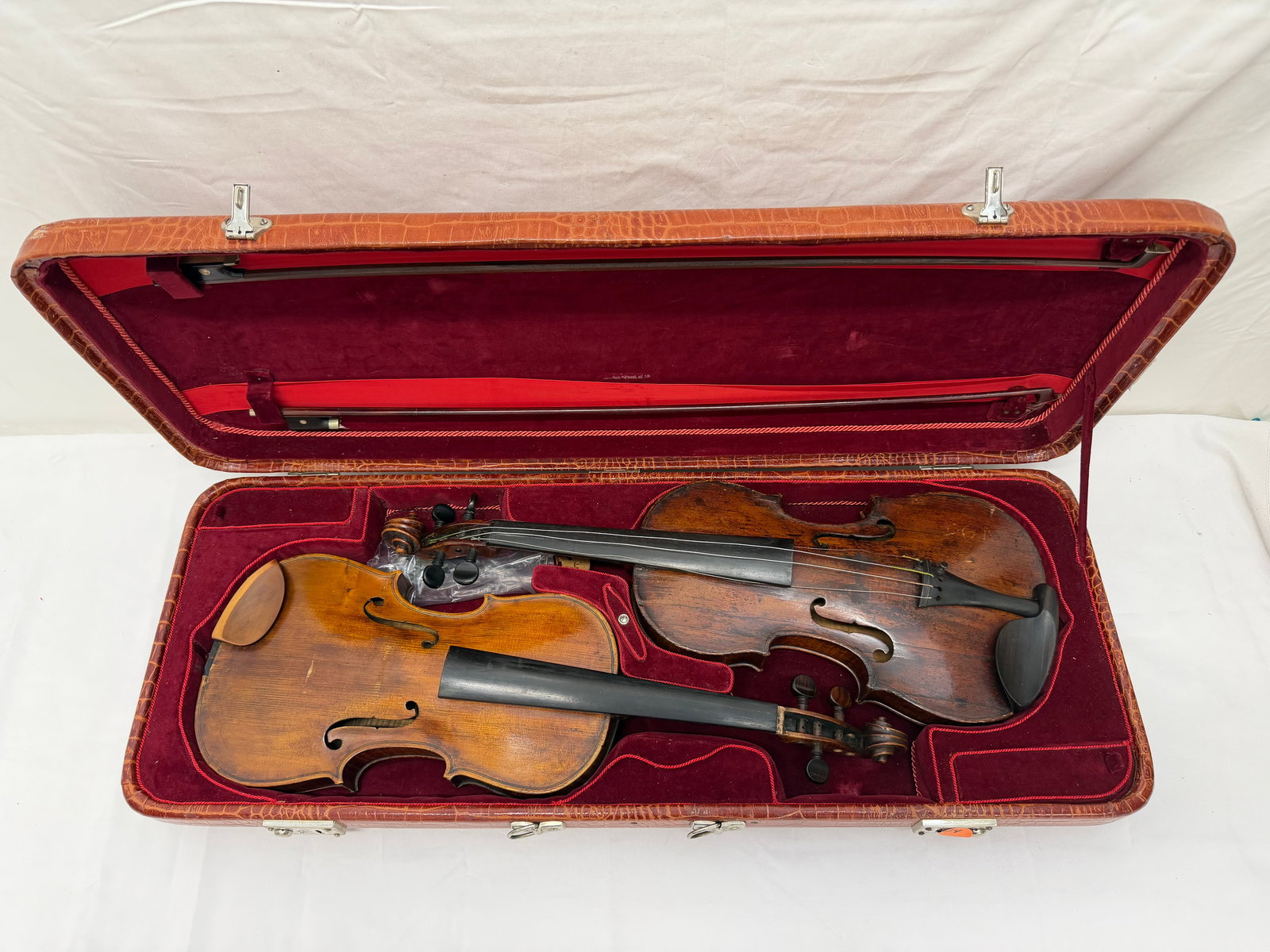 Antique Double Violin Case with (2)Antique Violins with Bows: Violins 24"L (Unmarked) Both have Bows with Abalone 28.75"L