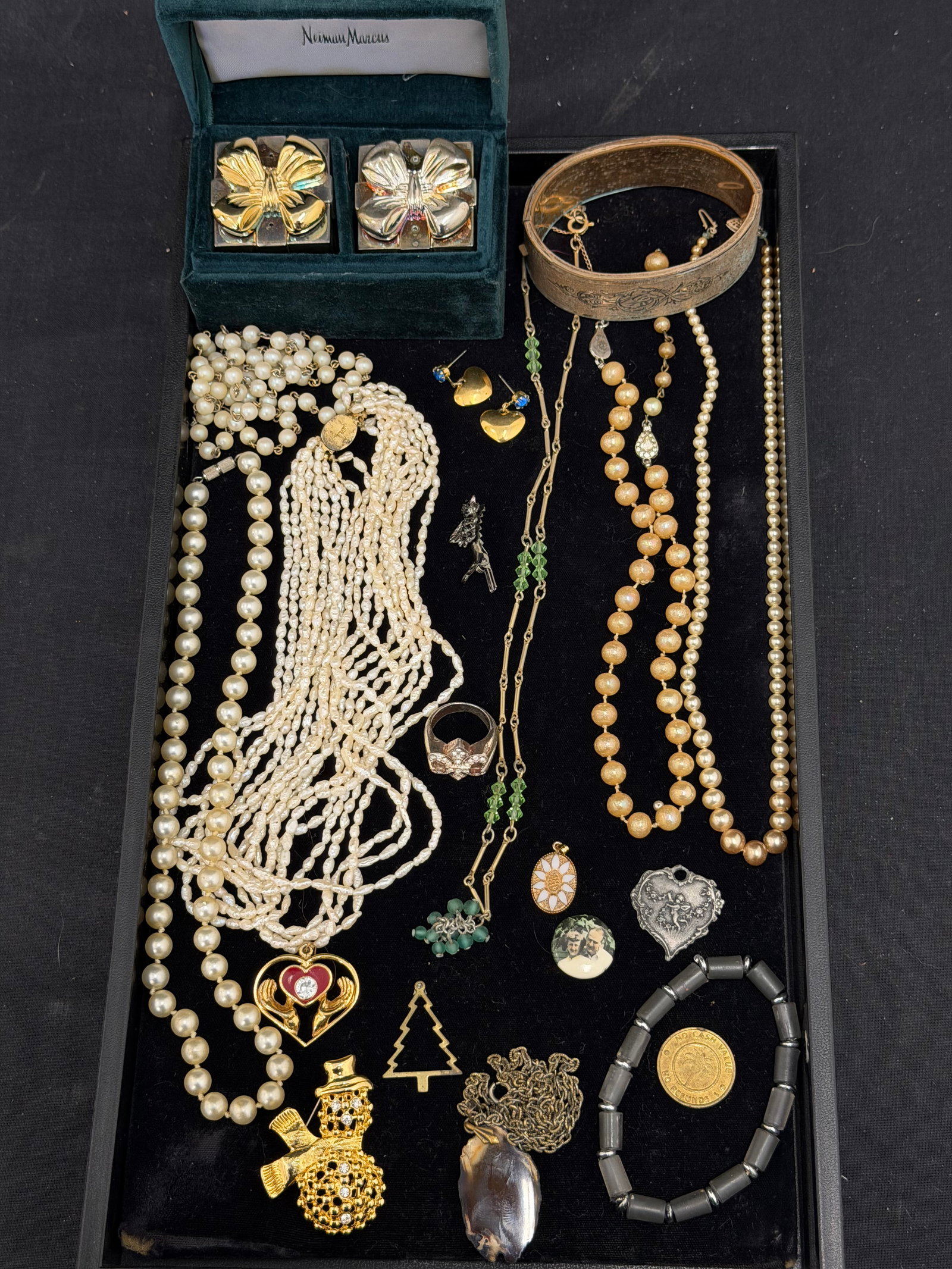 Asst Jewelry, Godinger, Salt Pepper with Case: Faux Pearl Necklaces, Bracelets, Pins/ Brooches- Godinger Silverplate, Salt Pepper Neiman Marcus with Case, Ring Sz 7.5 + More