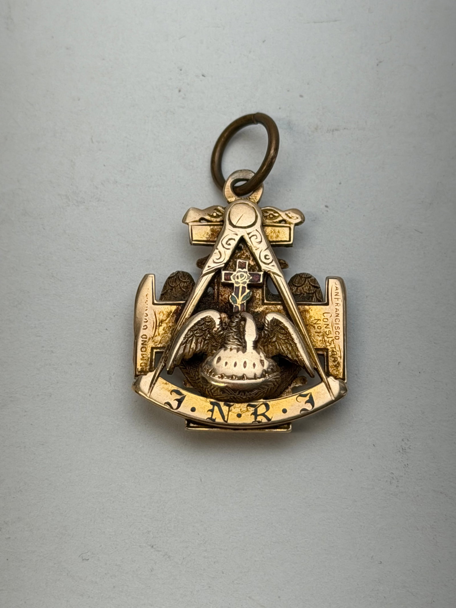 Early 1900s 14K Gold Scottish Rite 32nd Degree Watch Fob or Pendant , TW 13g: 32nd Degree Scottish Rite with Double Headed Eagle, Enamel Rose & Cross Symbol
