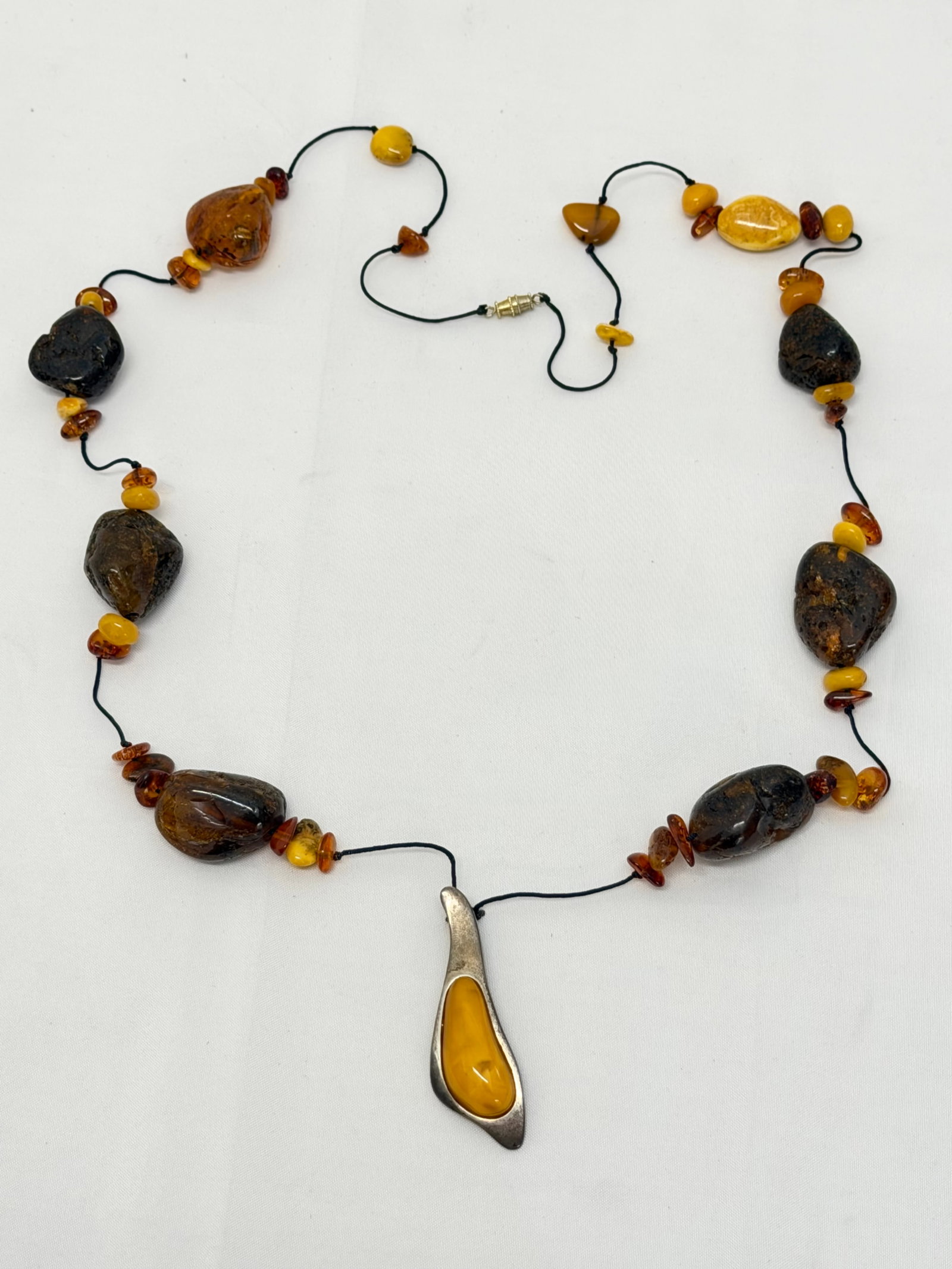 Amber Necklace 39"L with Butterscotch Sterling Pendant 2.5": Butterscotch , Egg Yolk, Honey, Amber Nuggets in Orange / Brown / Red Amber Colors - Pendant 2.5" , Necklace 39"L - From Carmel,CA Estate -