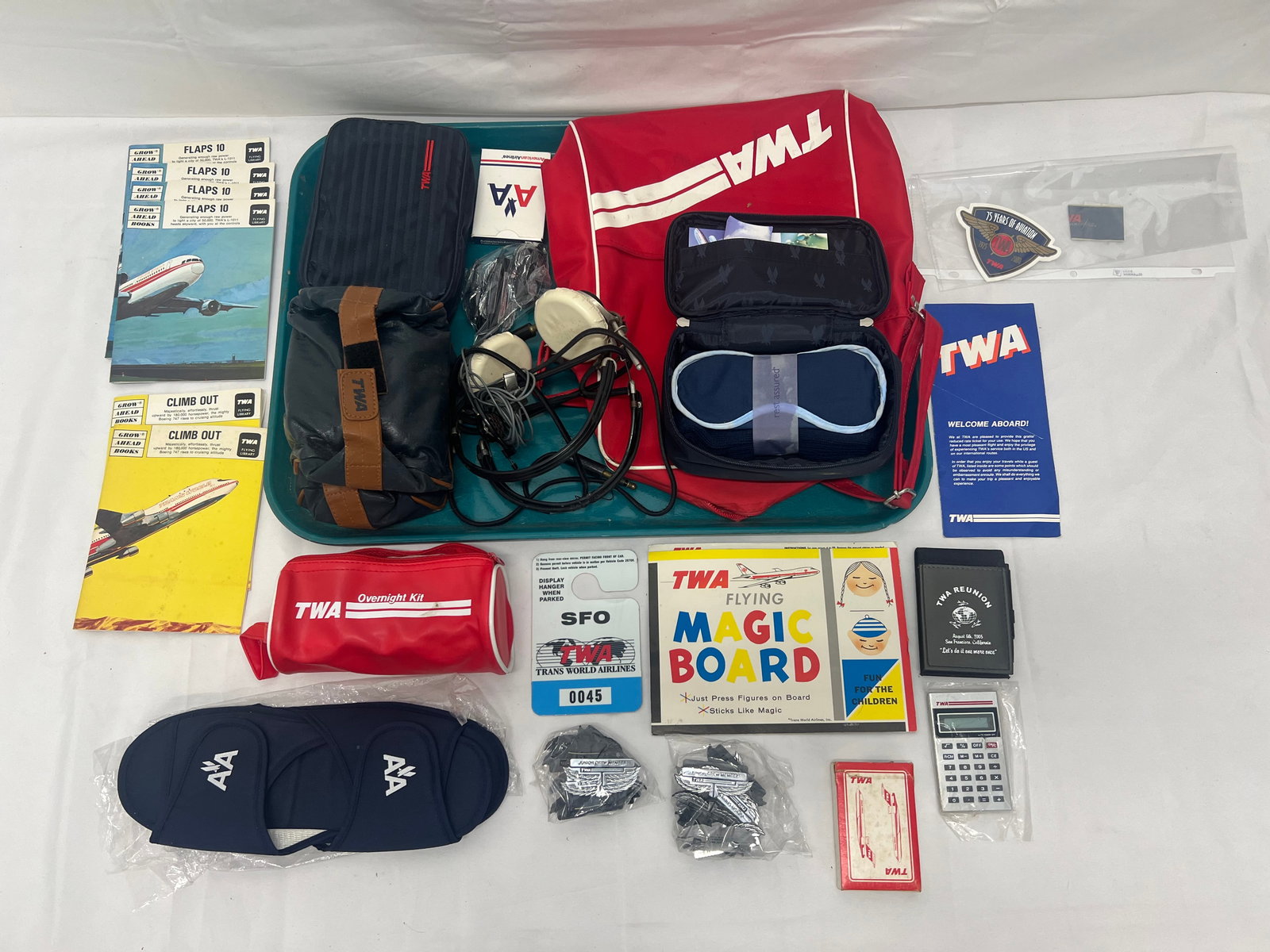 Vintage TWA Items- Bag, Magic Board, Flying Library, More: Vintage TWA Items- Bag, Magic Board, Flying Library, More - Headphones, Junior Crew Member Pins, Card, Slippers, Backpack, Socks, Mask, Earpod Kit, Vanity Kits + More
