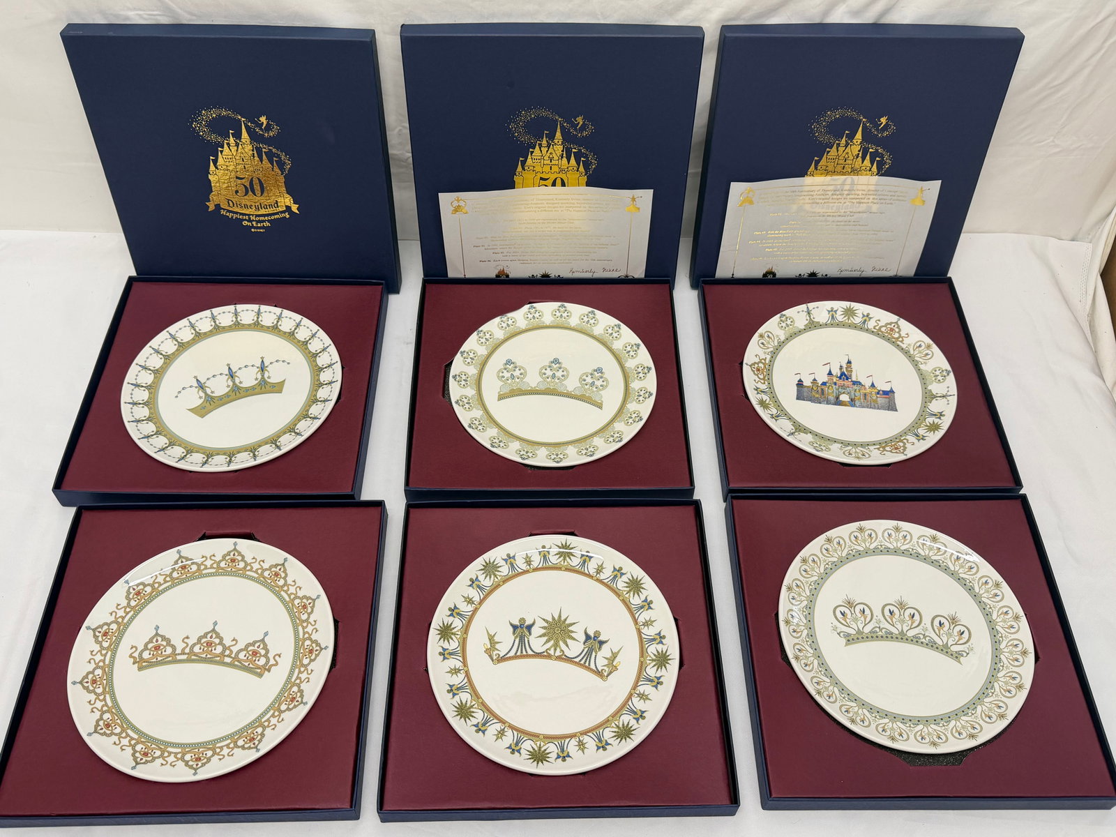 (6)Disneyland 50th Anniversary Plates with COAs: Plates Designed by Kimberly Irvine the Director of Concept /Show Design for Disney Imagineering - All Plates with Original Boxes