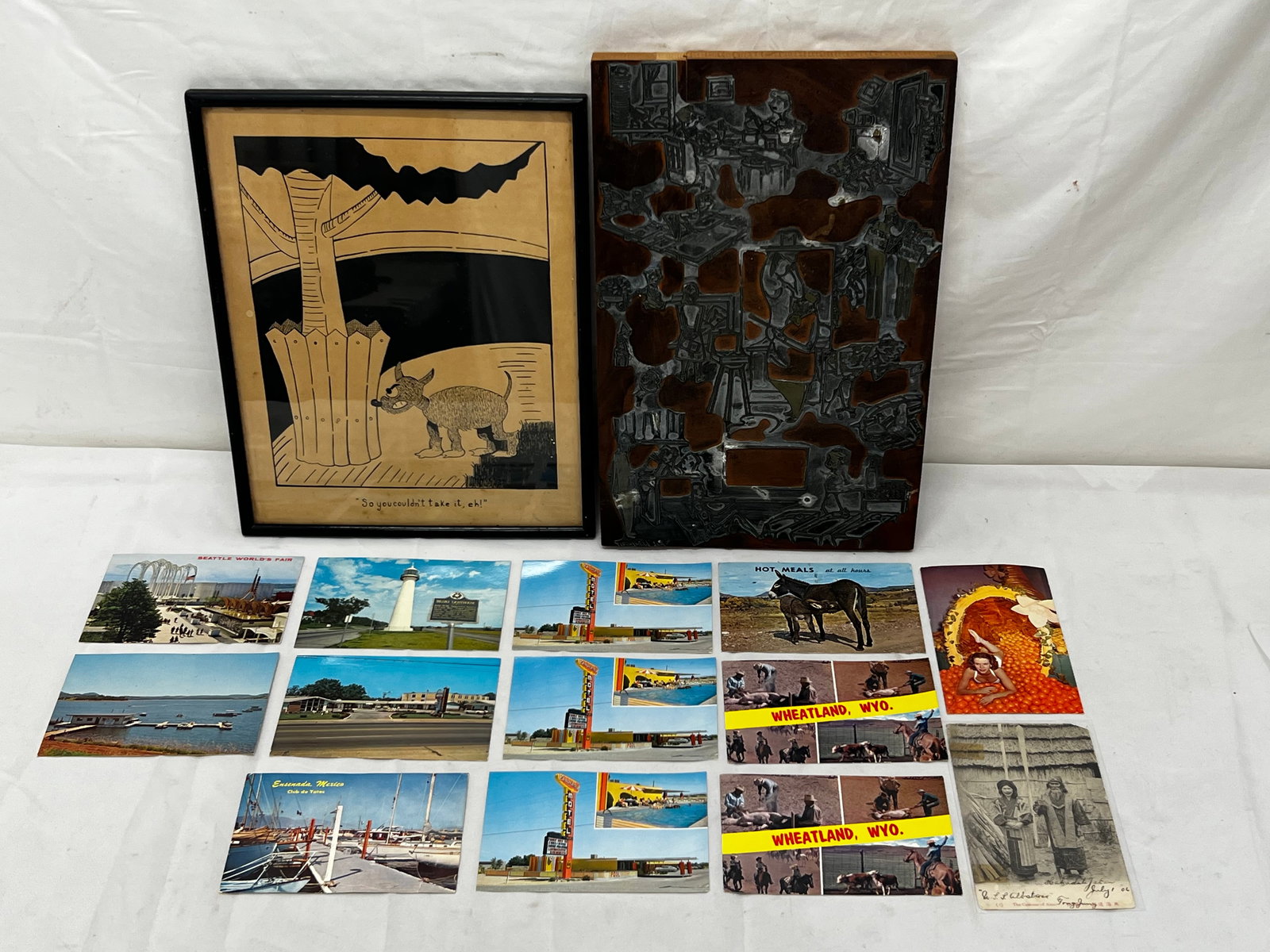 Vintage Cartoon Printing Block, Postcards, Framed Cartoon: Vintage Cartoon Printing Block, Postcards, Framed Cartoon