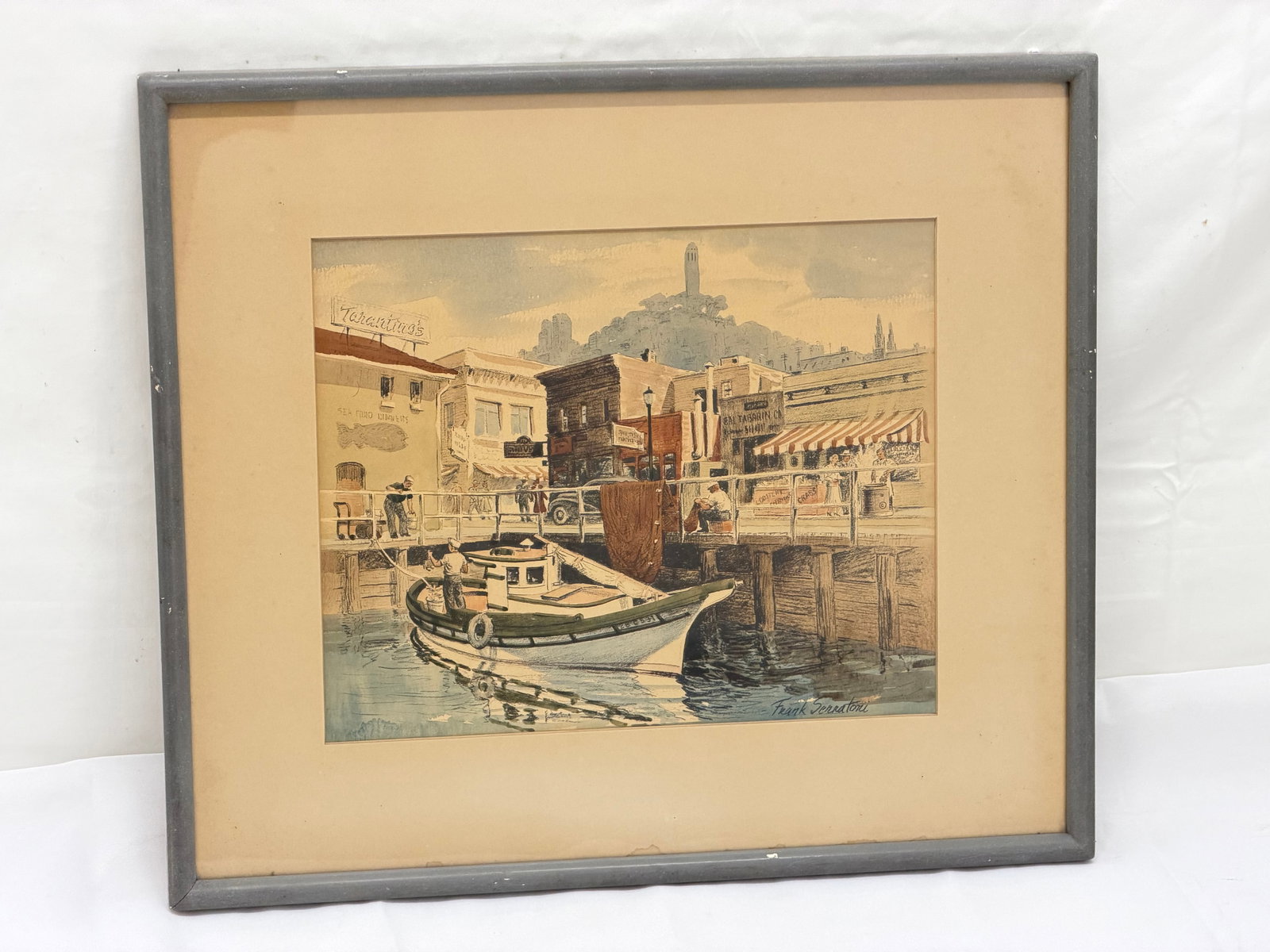 Frank Serratoni 'Fisherman's Wharf San Francisco" Lithograph, Framed 13.75" x 15.75": Frank Serratoni 'Fisherman's Wharf San Francisco" Lithograph, Framed 13.75" x 15.75"