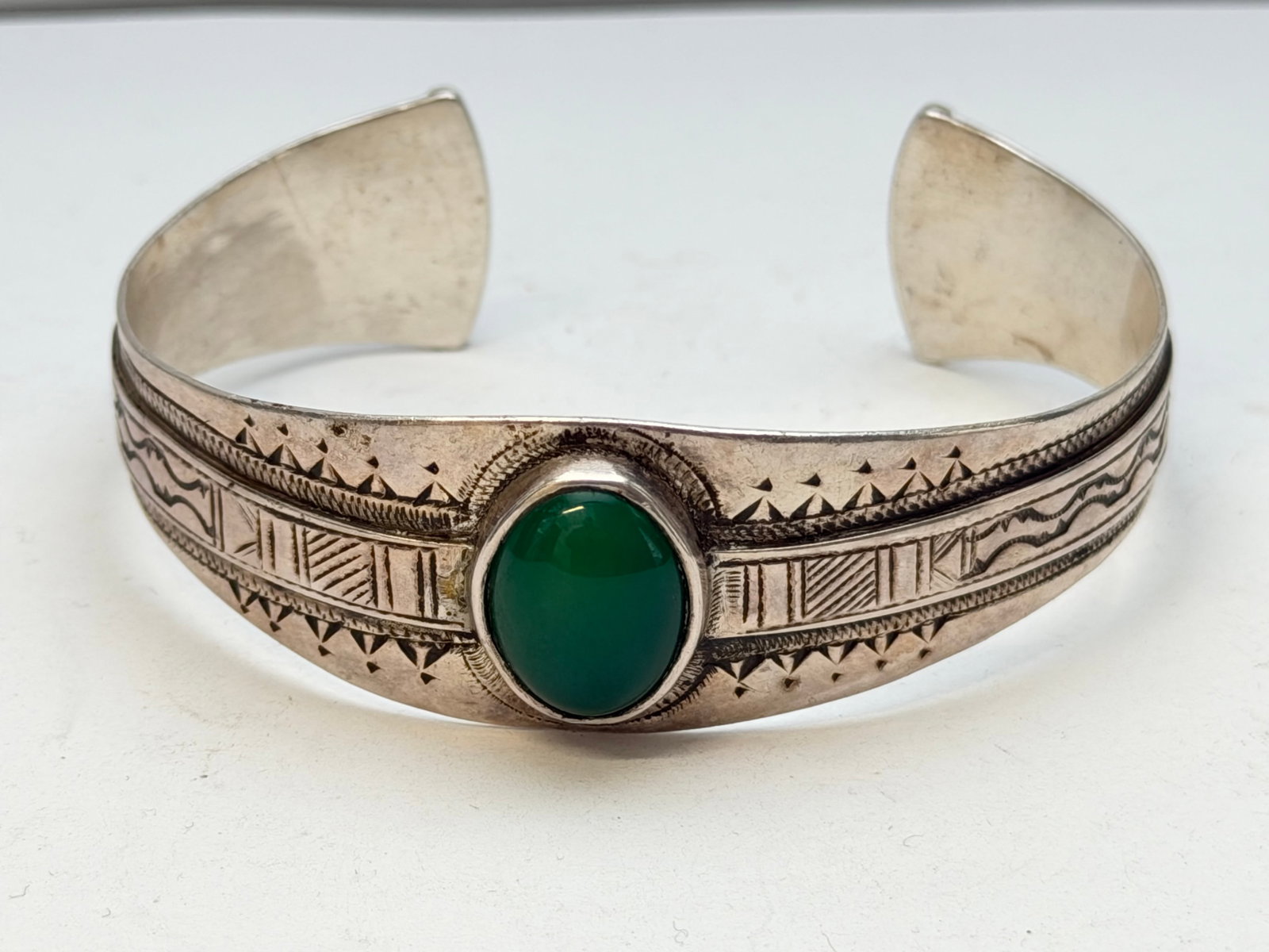 Sterling Navajo Bracelet with Jade & Etched Design, TW 29.88g, 2.75"W x 1.25" Opening (1 of 4)