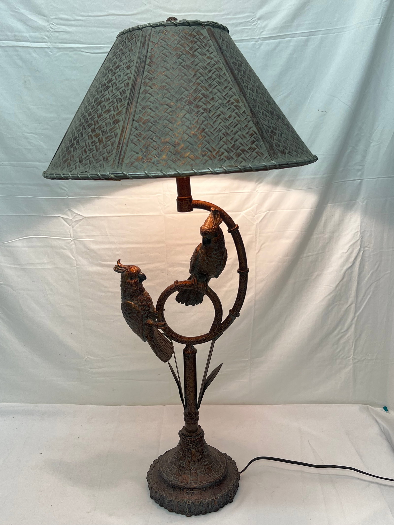 Mid Century Cockatoo Parrot Table Lamp, Base 26.5'' x 36''T Overall: Mid Century Cockatoo Parrot Table Lamp, Base 26.5'' x 36''T Overall - Table Lamp with Lined Rattan Shade