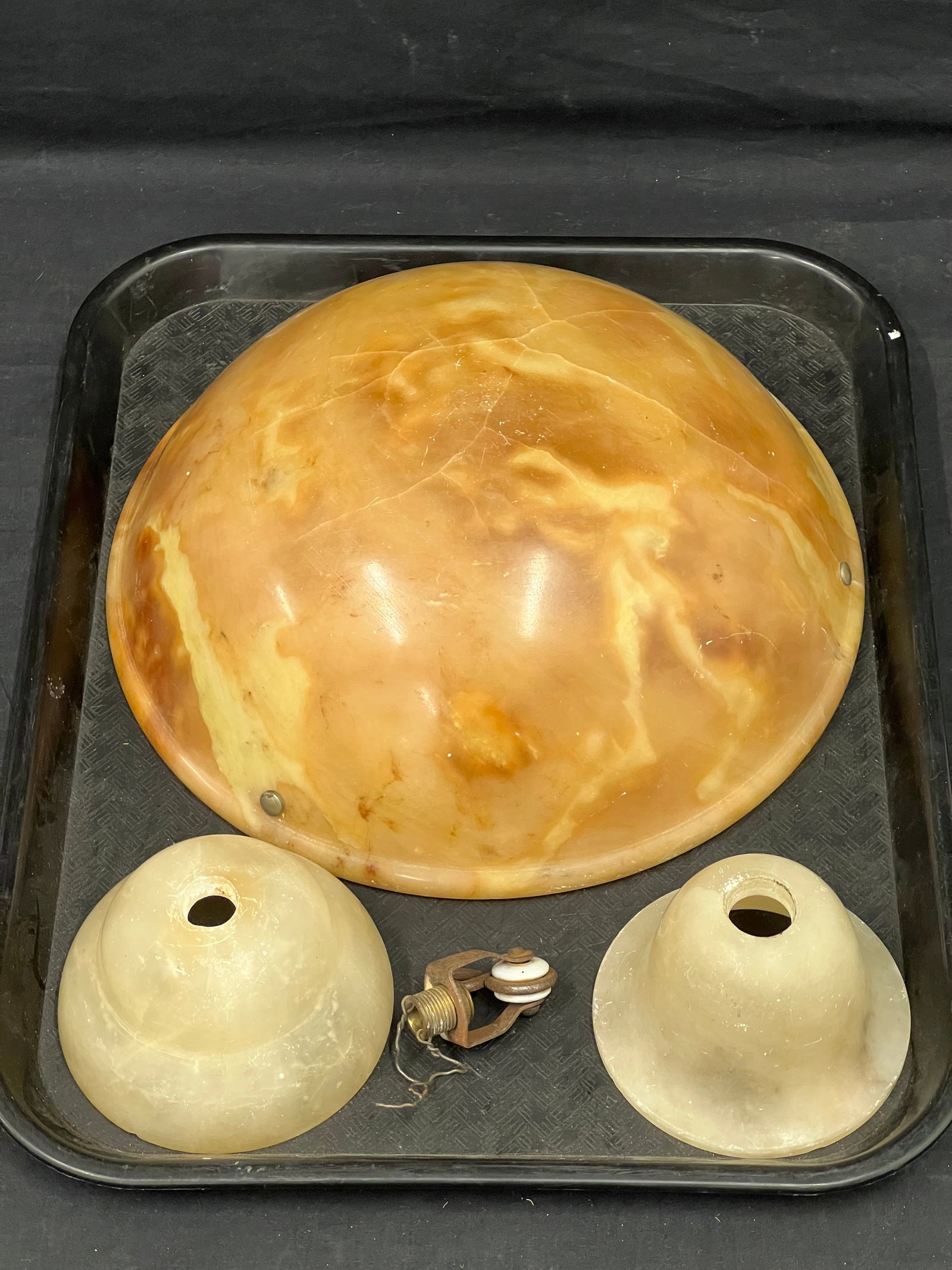 1930s Era Alabaster Deco Light Fixtures - (1)12'' x 5'', (1)4.75'' x 3'' , (1)4.25'' x 3.5'': 1930s Era Alabaster Deco Light Fixtures - (1)12'' x 5'', (1)4.75'' x 3'' , (1)4.25'' x 3.5''