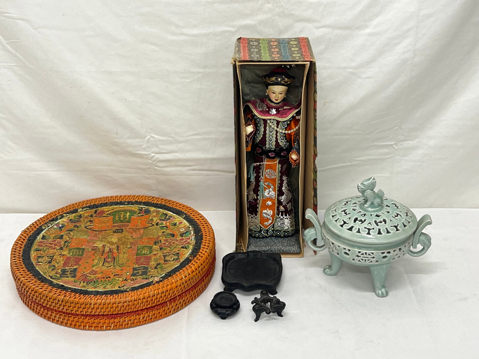 Chinese Wicker with Handpainted Top,Celedon Censor,Doll - Asst Carved Wooden Chinese Stands, More: Chinese Wicker with Handpainted Top,Celedon Censor,Doll - Asst Carved Wooden Chinese Stands, Vintage Empress Figure / Doll 12''T, Celedon Censor