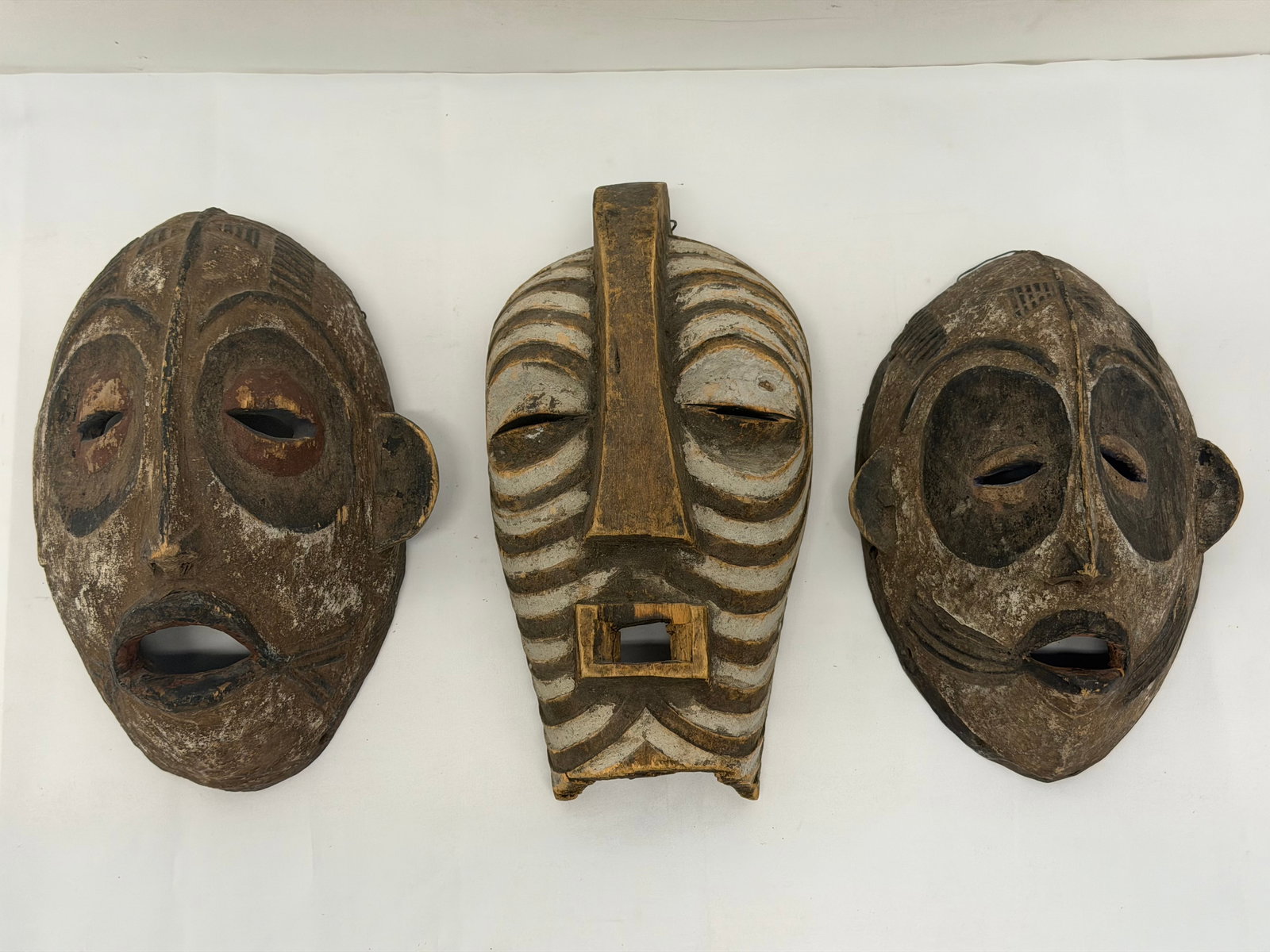 (3)African Carved Antique / Vintage Masks - Hand Carved & Painted , 12" x 6.5" to 10.5" x 6.75" (1 of 13)