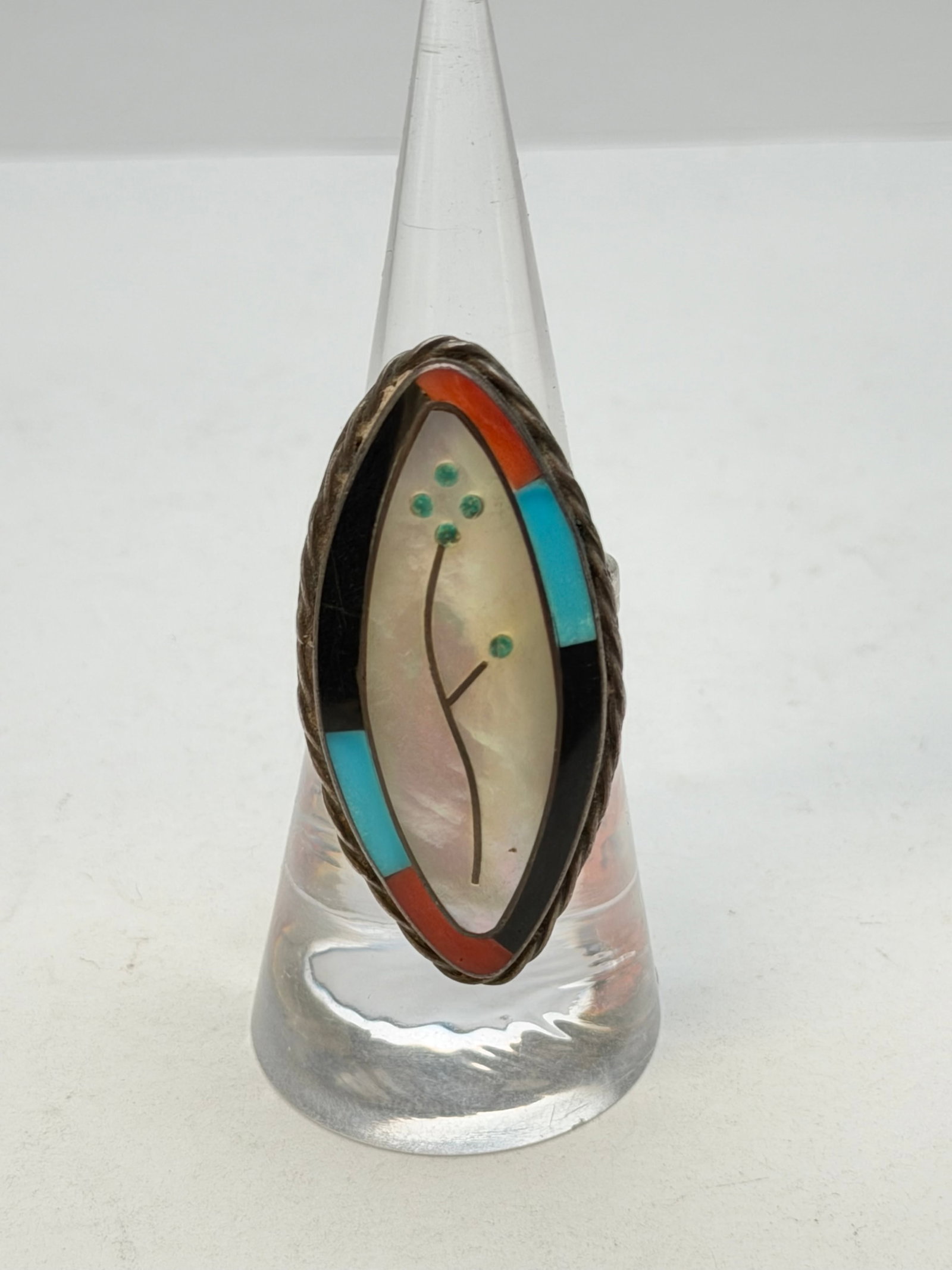 Vintage Sterling Silver Zuni M.O.P. Inlaid Coral Turquoise Onyx Ring , Sz 6: Carved Miniature Stone Animal, Signed "K.Zuni" 1.5" x 2.5"