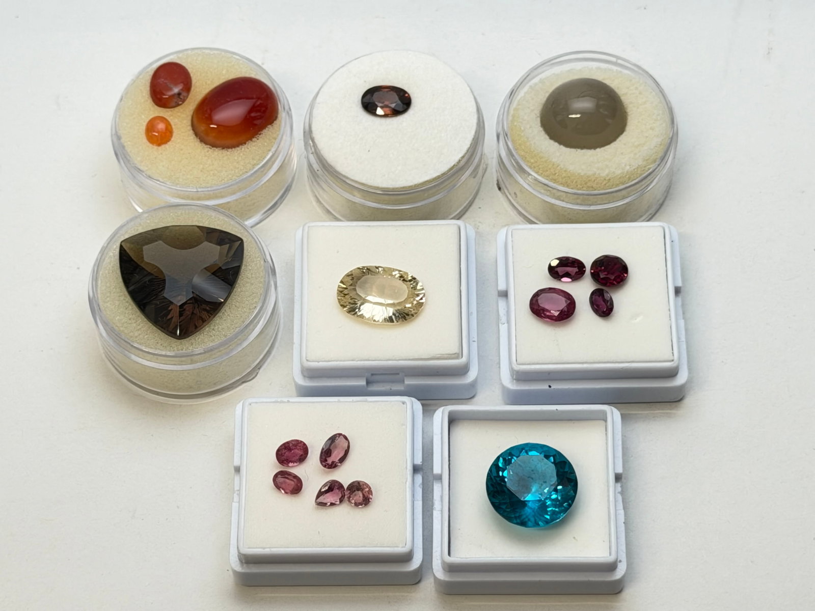 Asst Jewelers Gemstones in Various Cuts & Sizes: Smokey Quartz, Ash Red Zircon, Moonstone, Yellow Labrodite, Carnelian & More