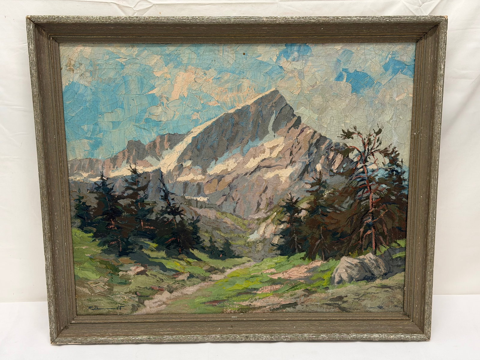 F.Brandt Signed Mountain Landscape Oil on Canvas, Framed 20" x 24", Sight 15.5" x 21.75": F.Brandt Signed Mountain Landscape Oil on Canvas, Framed 20" x 24", Sight 15.5" x 21.75" - Early Painting (See Photos for Cracking)