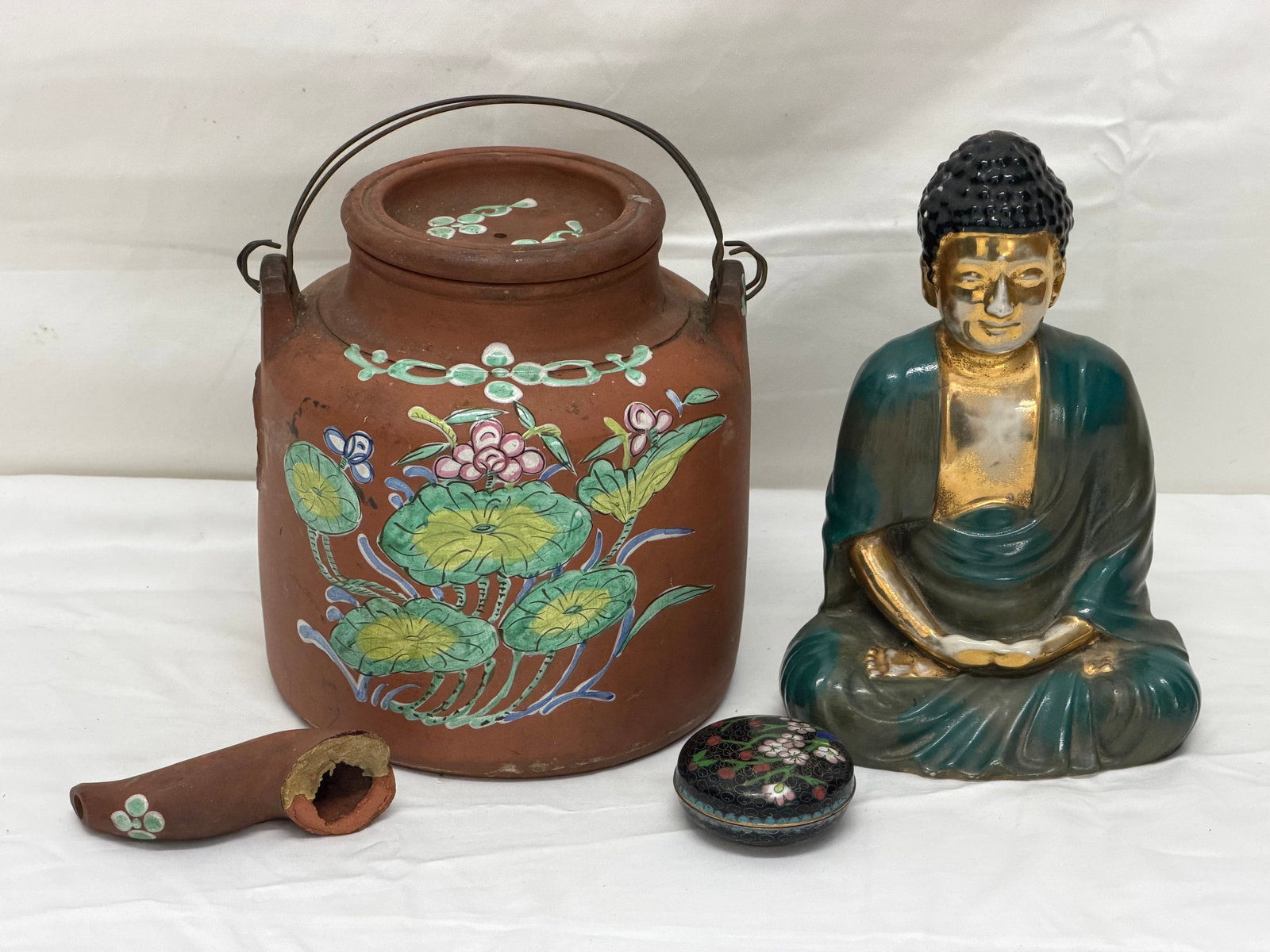 Vintage Chinese Yixing Teapot, Cloisonne, Buddha: Red Clay Teapot with Handpainted Enamel (Spout Needs Repair), Buddha 7.5"T , Cloisonne Trinket Box