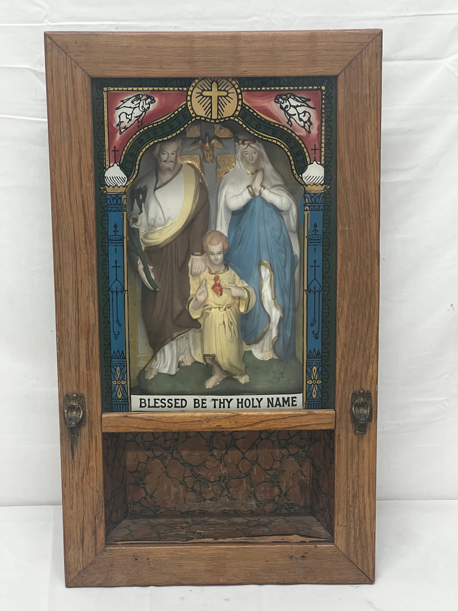 Religious Last Rites Viaticum Altar Cabinet/Shadow Box - 13''x 3.5'' x 23'': Religious Last Rites Viaticum Altar Cabinet/Shadow Box - Glass front with brass angels hardware. 13''x 3.5'' x 23''.