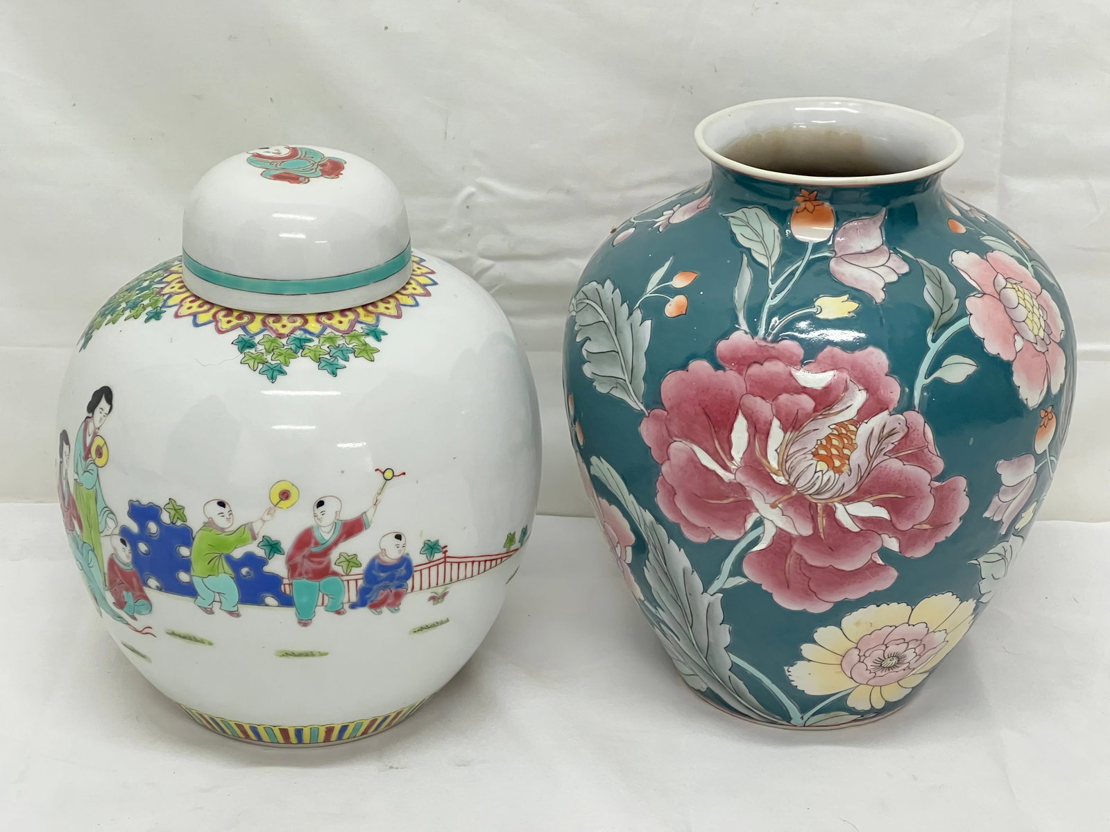 Chinese Ginger Jar 9''T & Vase 9.5''T - Signed Ginger Jar + Floral Vase: Chinese Ginger Jar 9''T & Vase 9.5''T - Signed Ginger Jar + Floral Vase