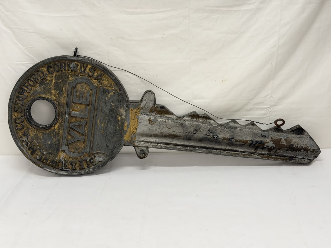 1940s Era Yale & Towne Mfg Double Sided Tin Key Advertising Sign 32"L (1 of 3)
